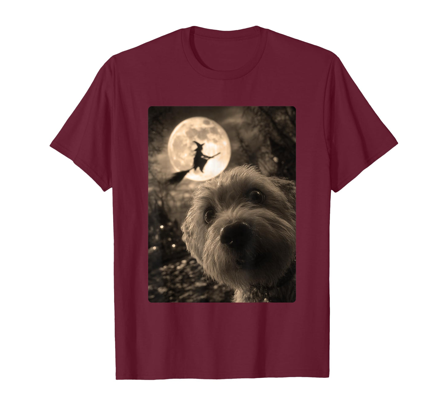 Funny Maltese Selfie Full Moon Flying Witch Halloween Dog T-Shirt