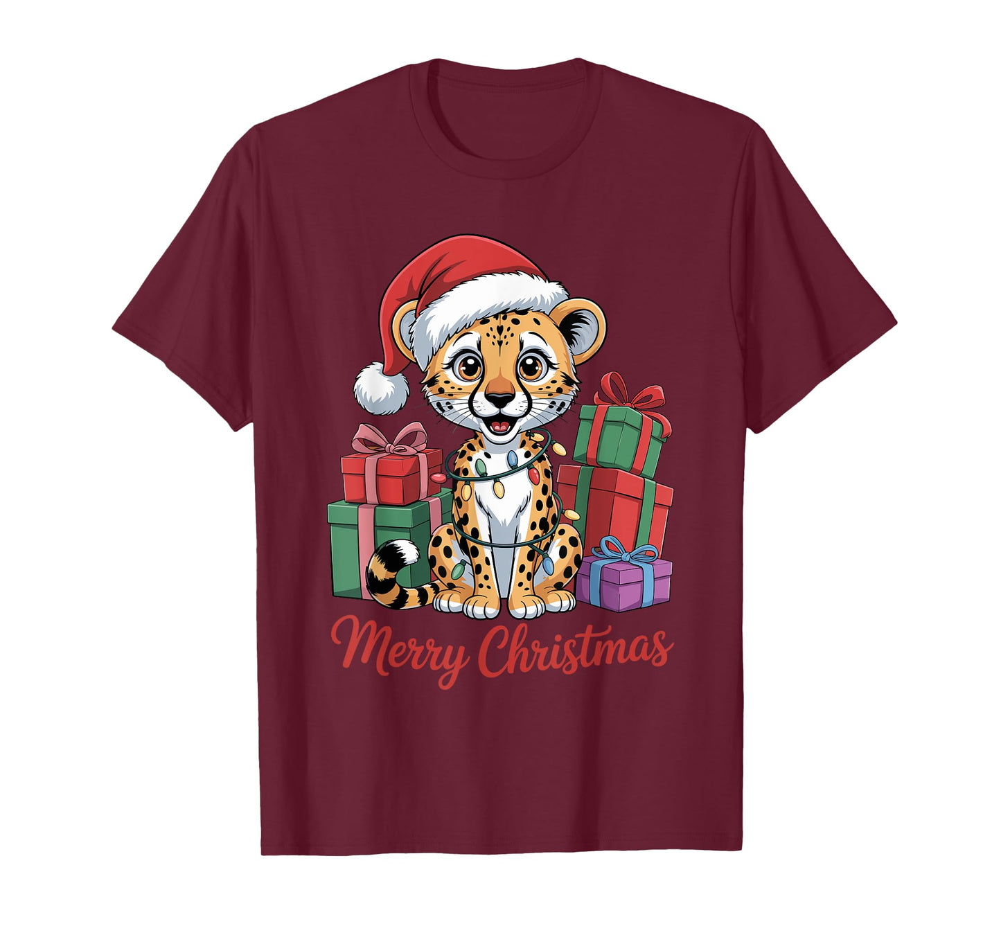 Funny Cheetah Santa Hat Animals Lovers Ugly Christmas Pajama T-Shirt