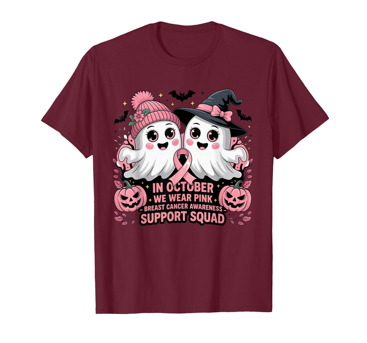Support Squad We Wear Pink Ghost Witch October Breast Cancer T-Shirt