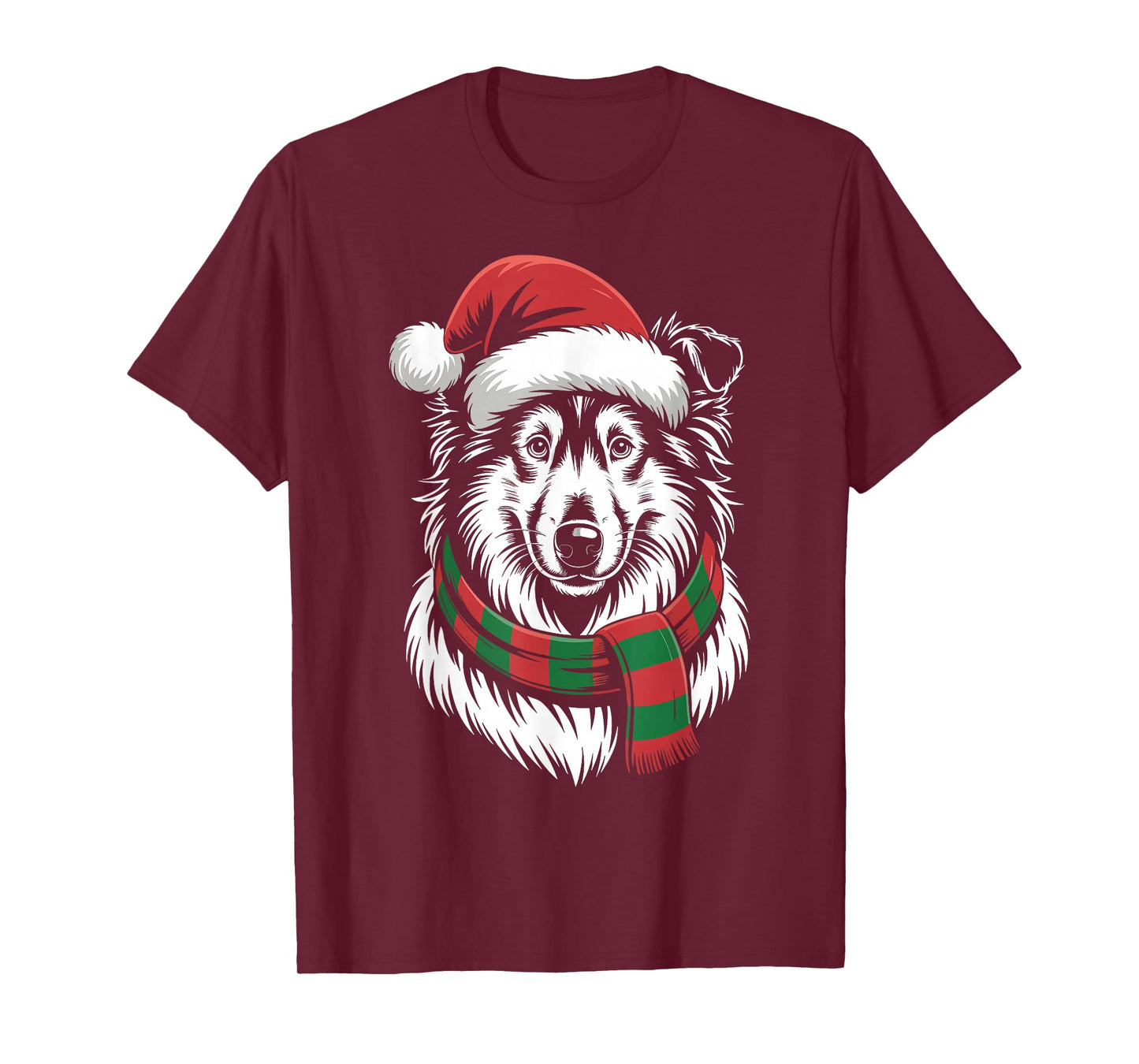 Rough Collie Dog Xmas Santa Hat Scarf Christmas Costume T-Shirt