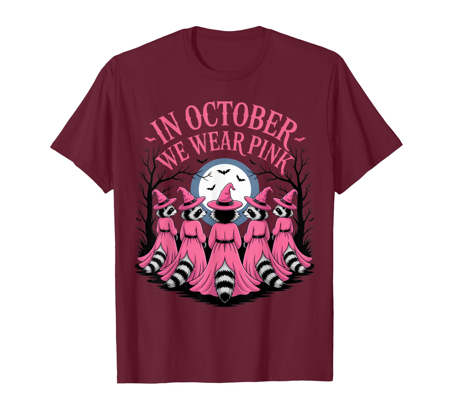in October We Wear Pink Witch Raccoon Halloween Squad T-Shirt