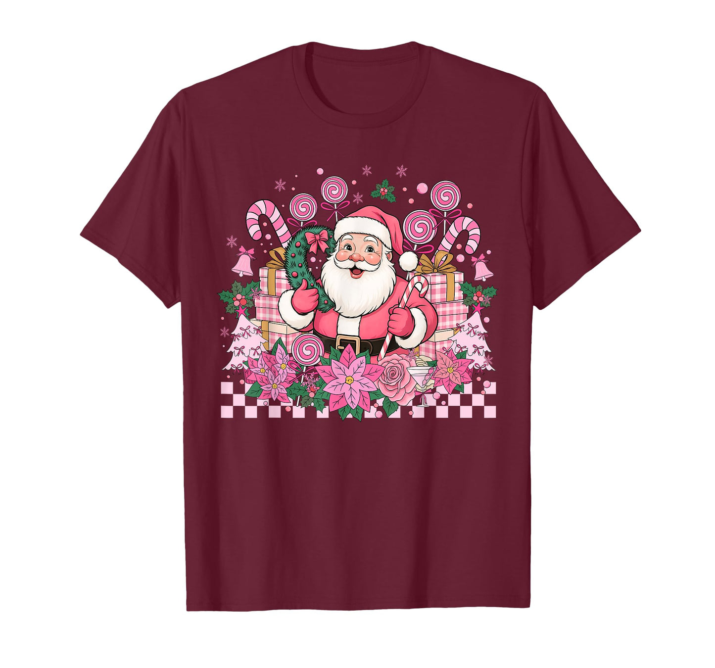 Vintage Pink Santa Claus Merry Christmas Pajamas Xmas Women T-Shirt