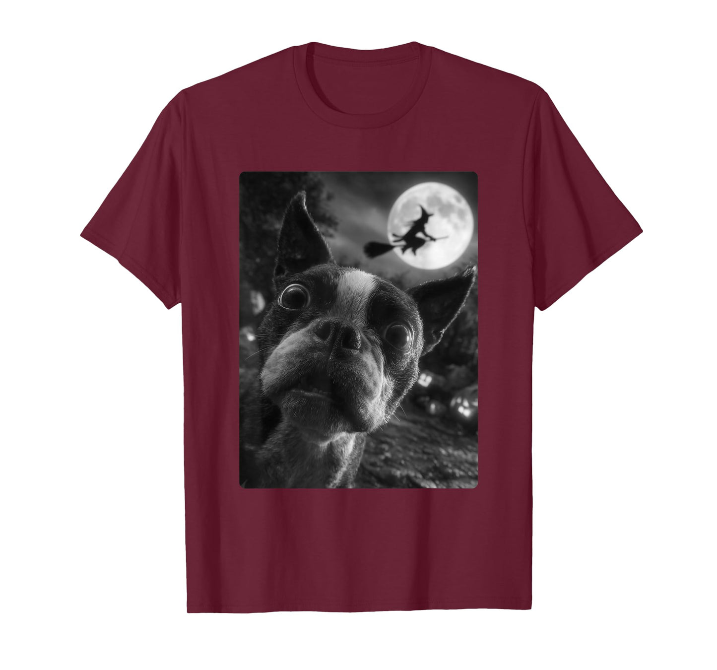 Boston Terrier Selfie Full Moon Flying Witch Halloween Dog T-Shirt