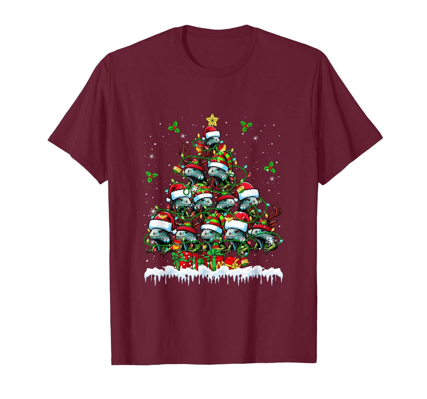 Group Santa Reindeer Elf Iguanas Xmas Tree Colorful Lights T-Shirt