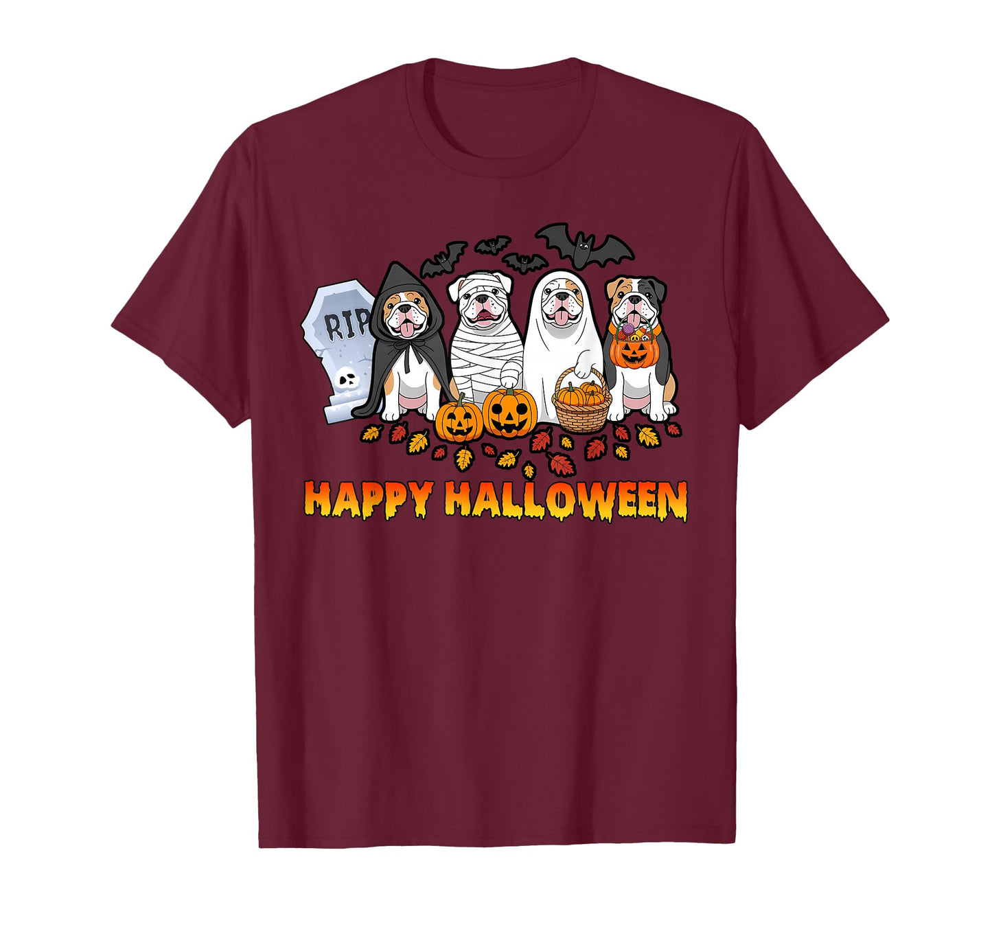 Ghost Witch Pumpkin Four English Bulldogs Lovers Halloween T-Shirt