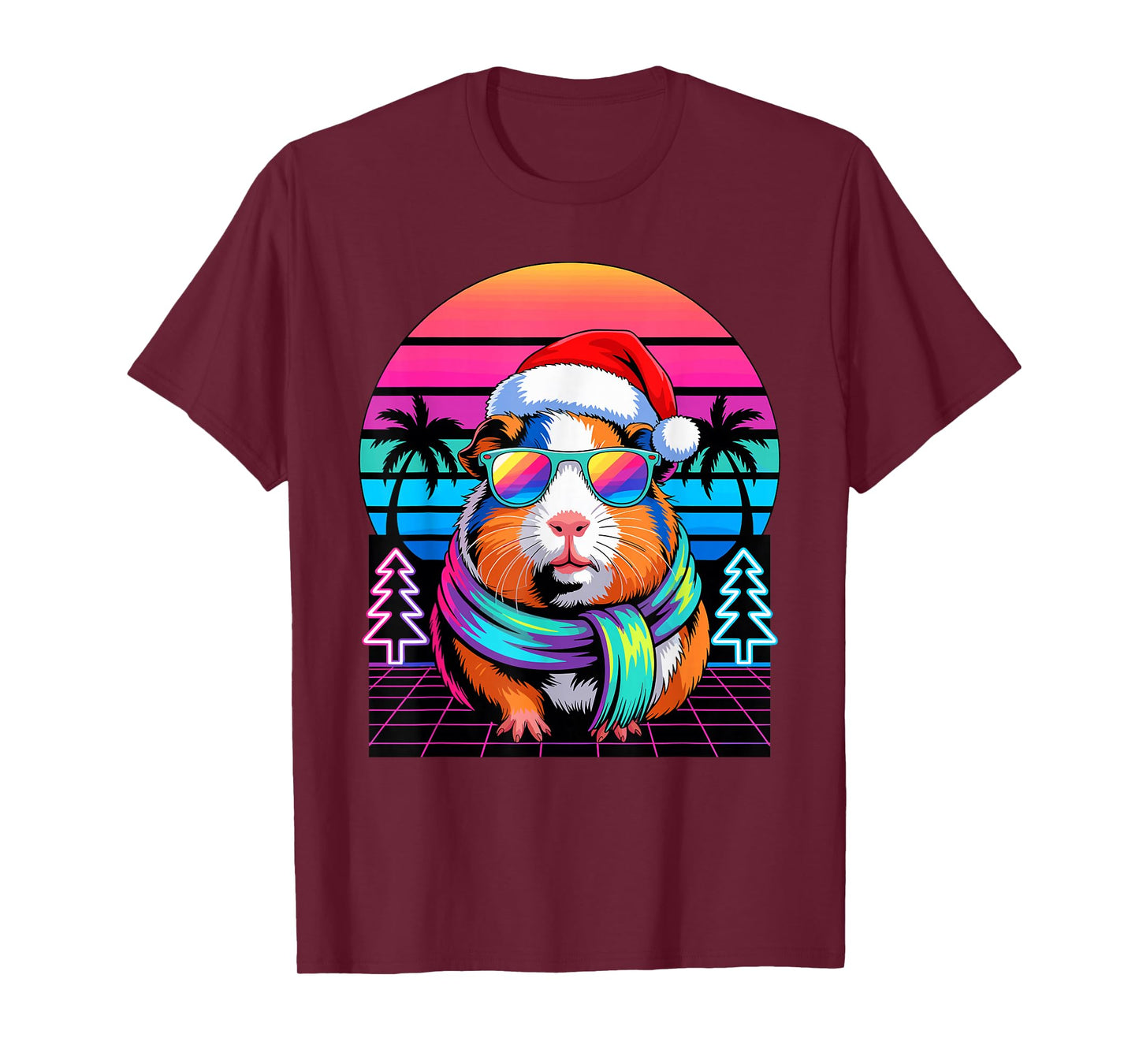 Christmas Synthwave Guinea Pig Sunglasses T-Shirt