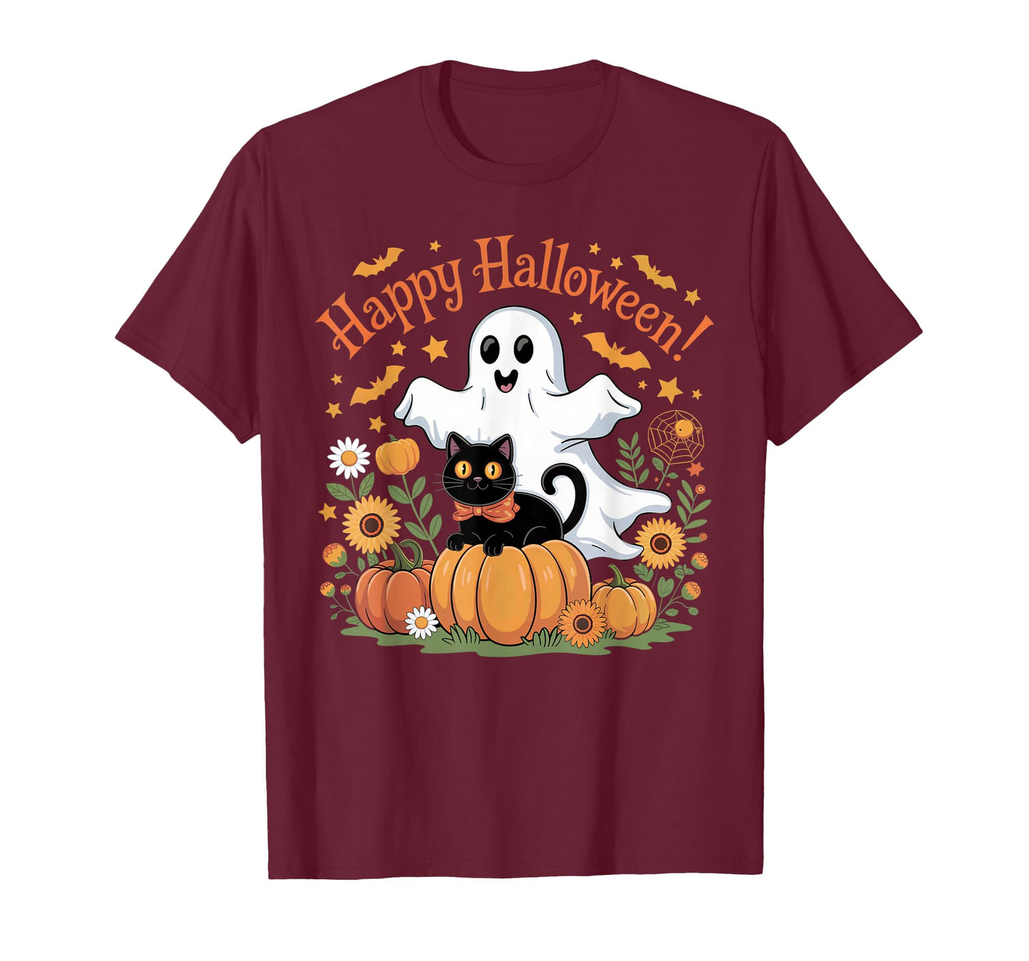 Womens Halloween Ghost Black Cat Ghost Halloween Girls T-Shirt