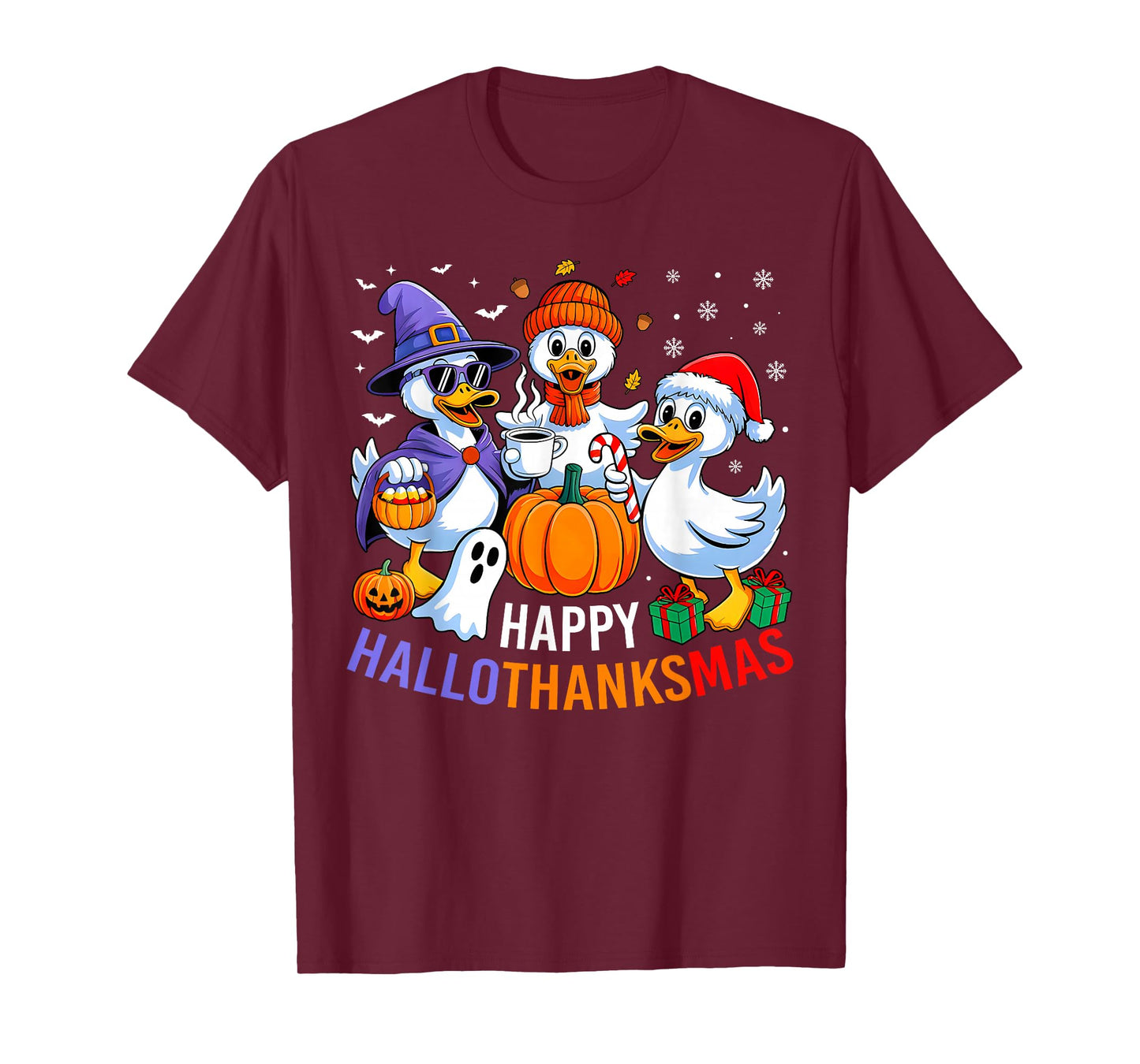 Happy HalloThanksMas Halloween Thanksgiving Christmas Duck T-Shirt