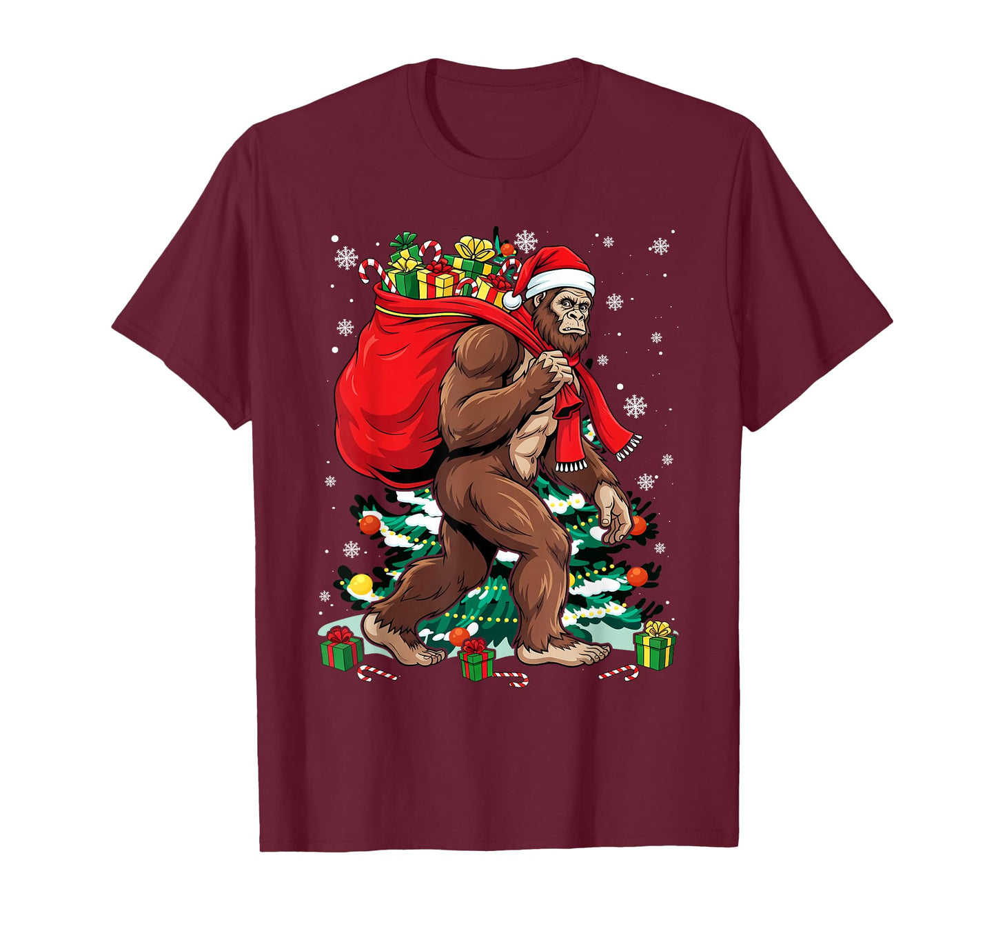 Bigfoot Santa Carrying Christmas Bag Xmas Hat Sasquatch Men T-Shirt