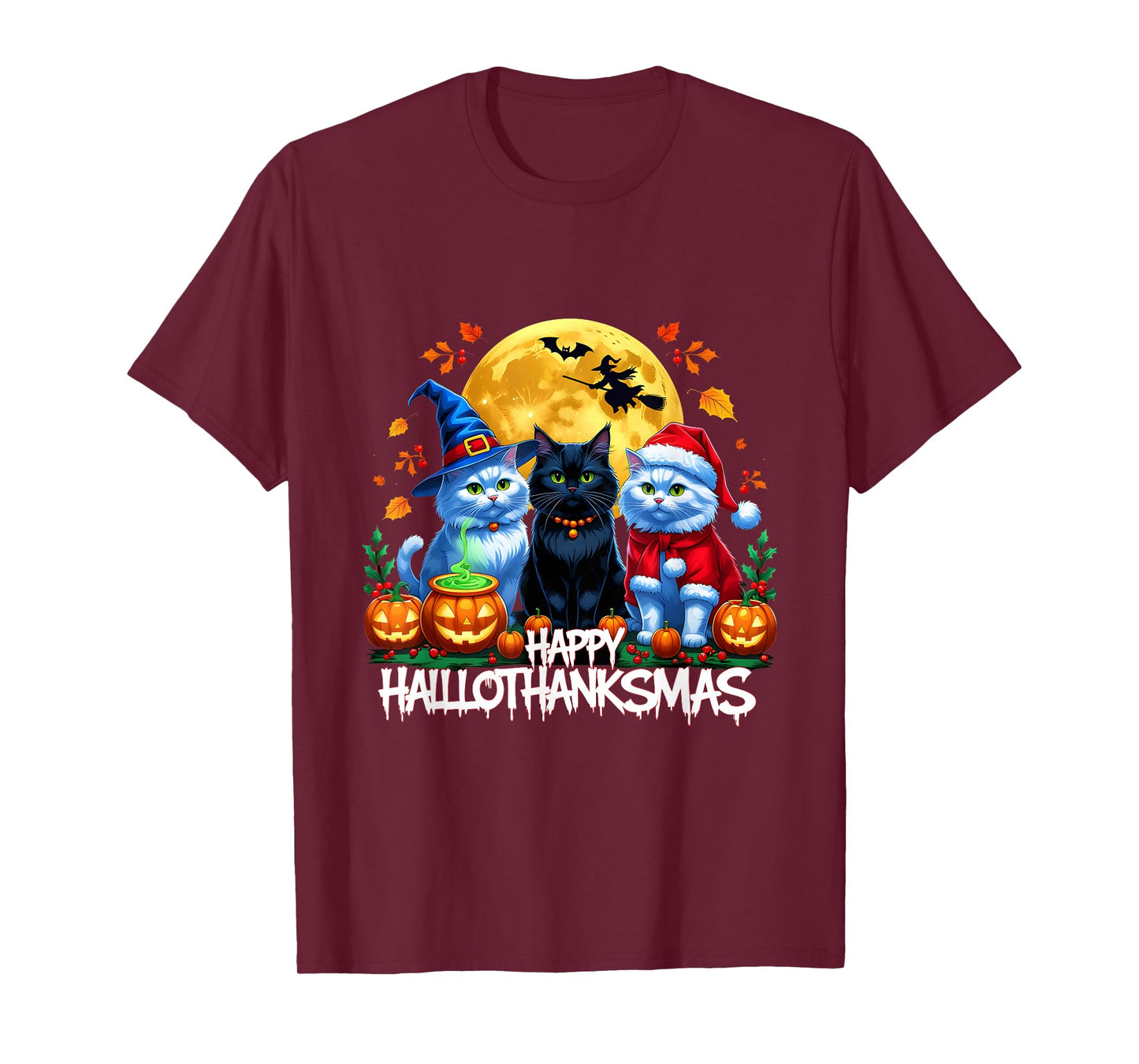 Happy Hallothanksmas Cats Halloween Thanksgiving Christmas T-Shirt