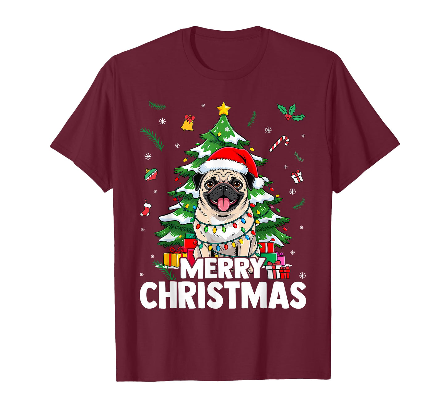 Merry Christmas Pug Cute Dog Holiday Lights and Santa Hat T-Shirt
