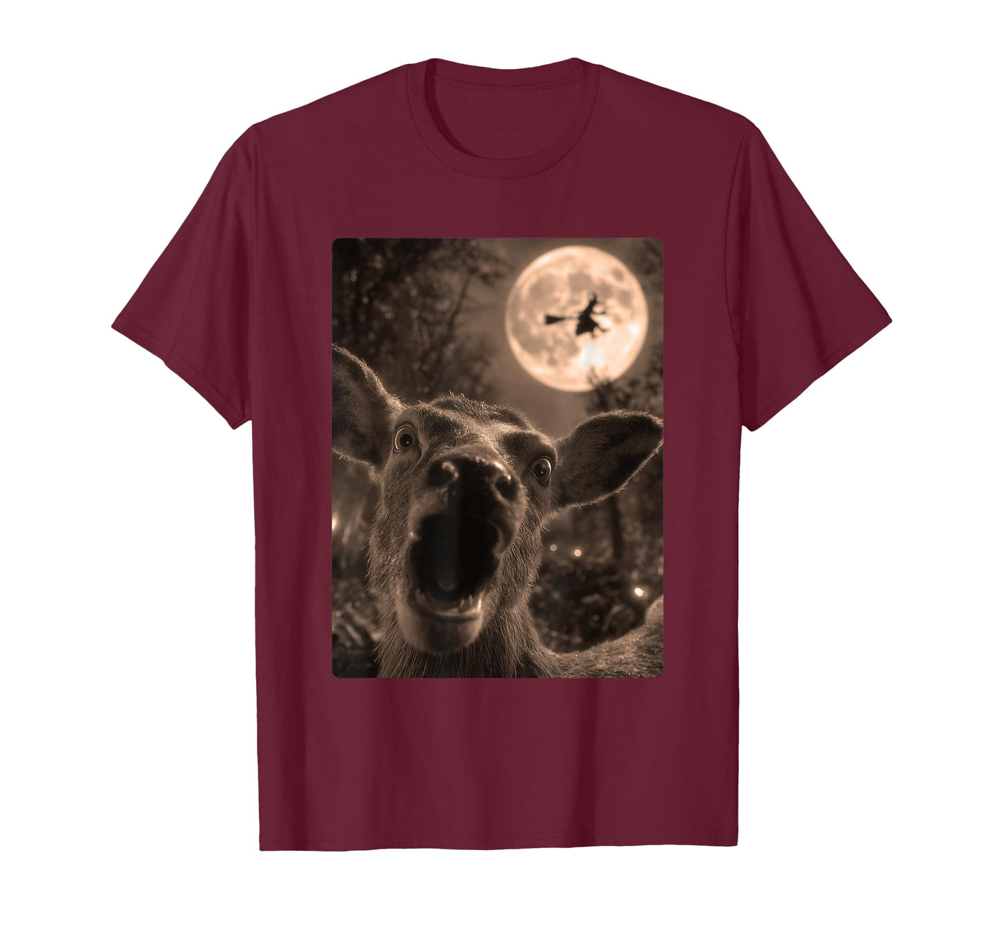 Funny Deer Selfie Full Moon Flying Witch Forest Halloween T-Shirt