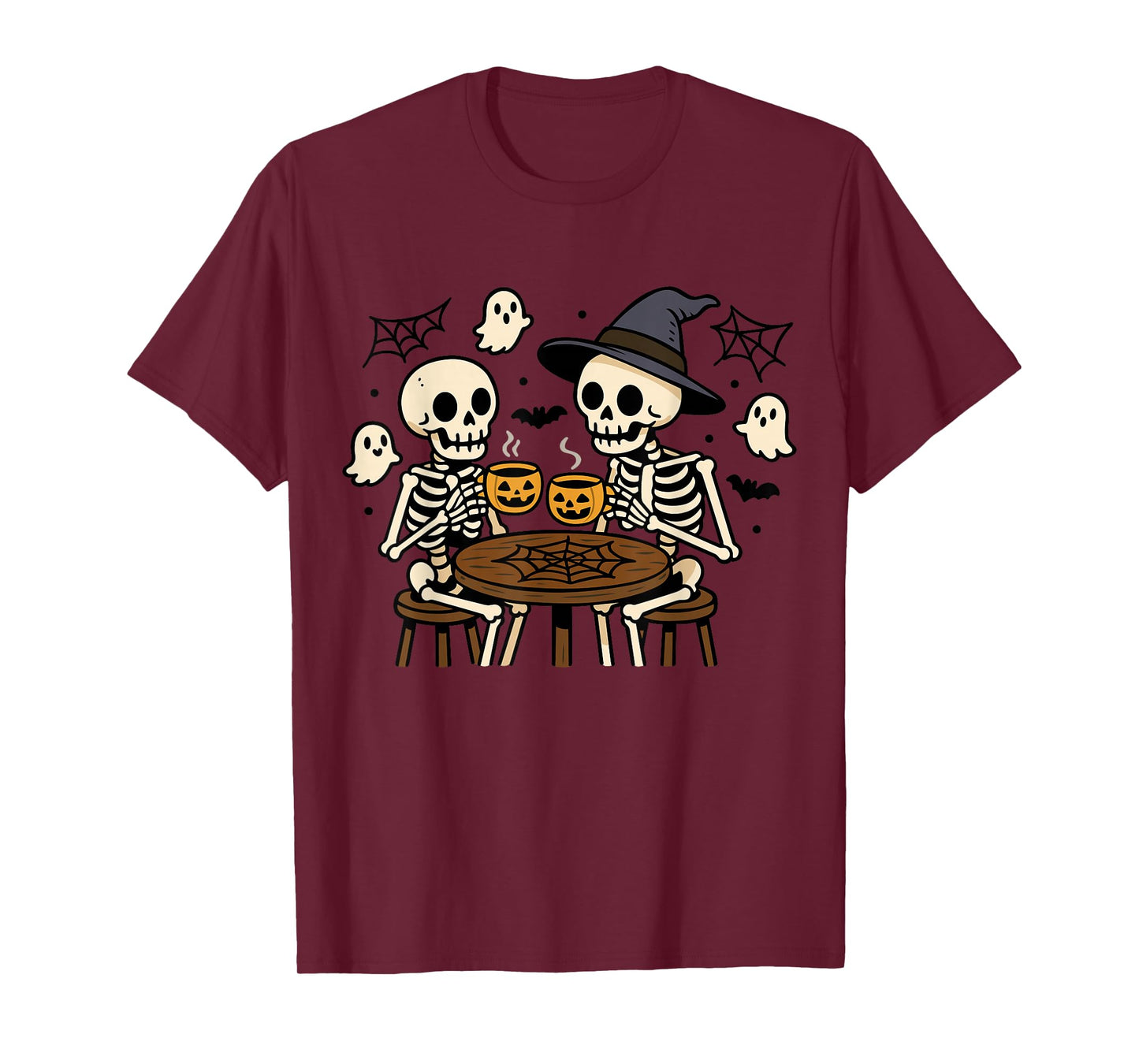 Halloween Skeleton and Coffee Funny Design with Witch Hat T-Shirt