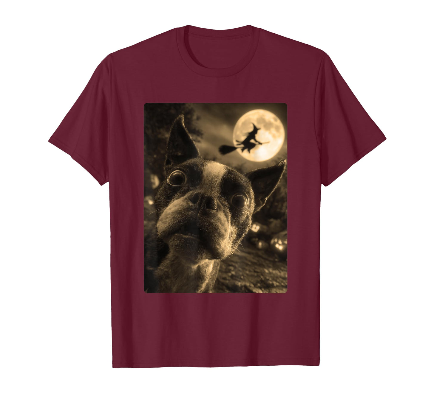 Boston Terrier Selfie Full Moon Flying Witch Halloween Dog T-Shirt