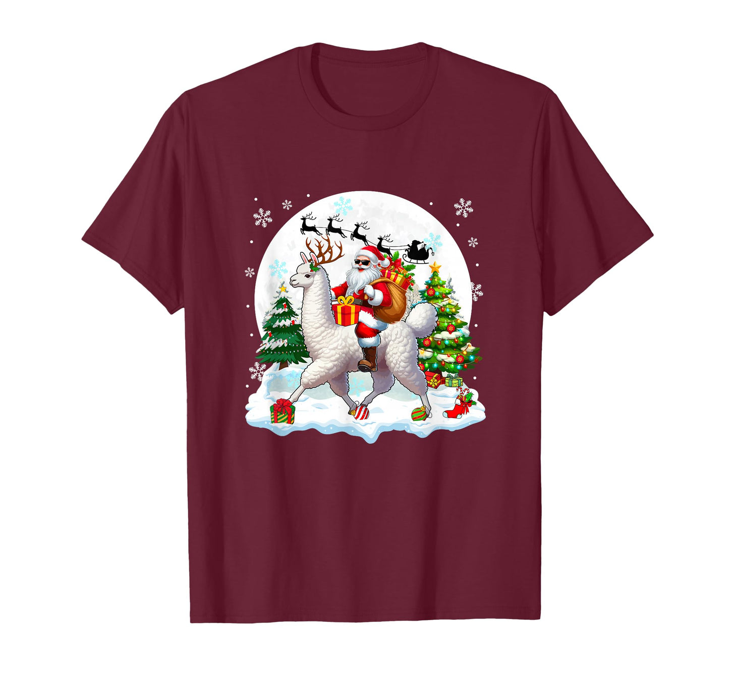 Santa Sunglasses Riding Llama Reindeer Christmas Snowman T-Shirt