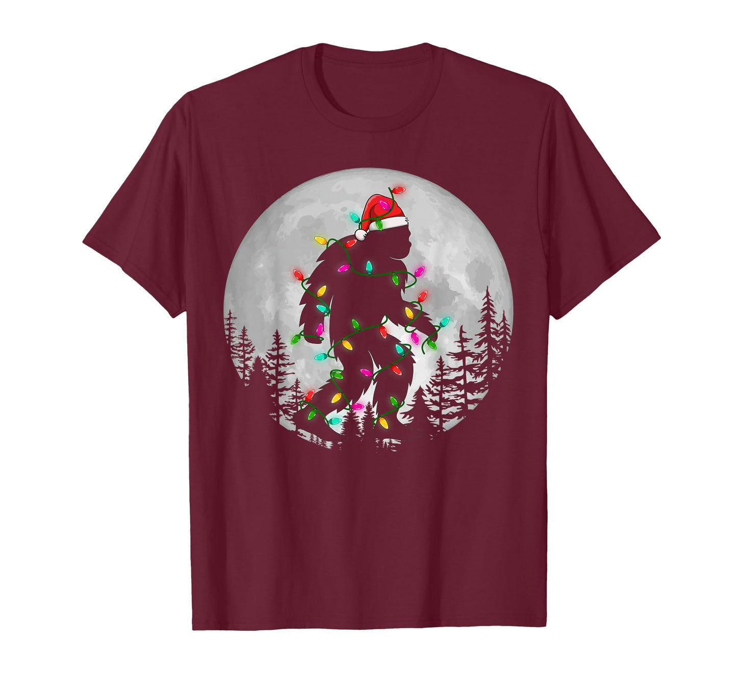 Bigfoot Christmas Lighting Santa Hat Night Moon Xmas Gifts T-Shirt