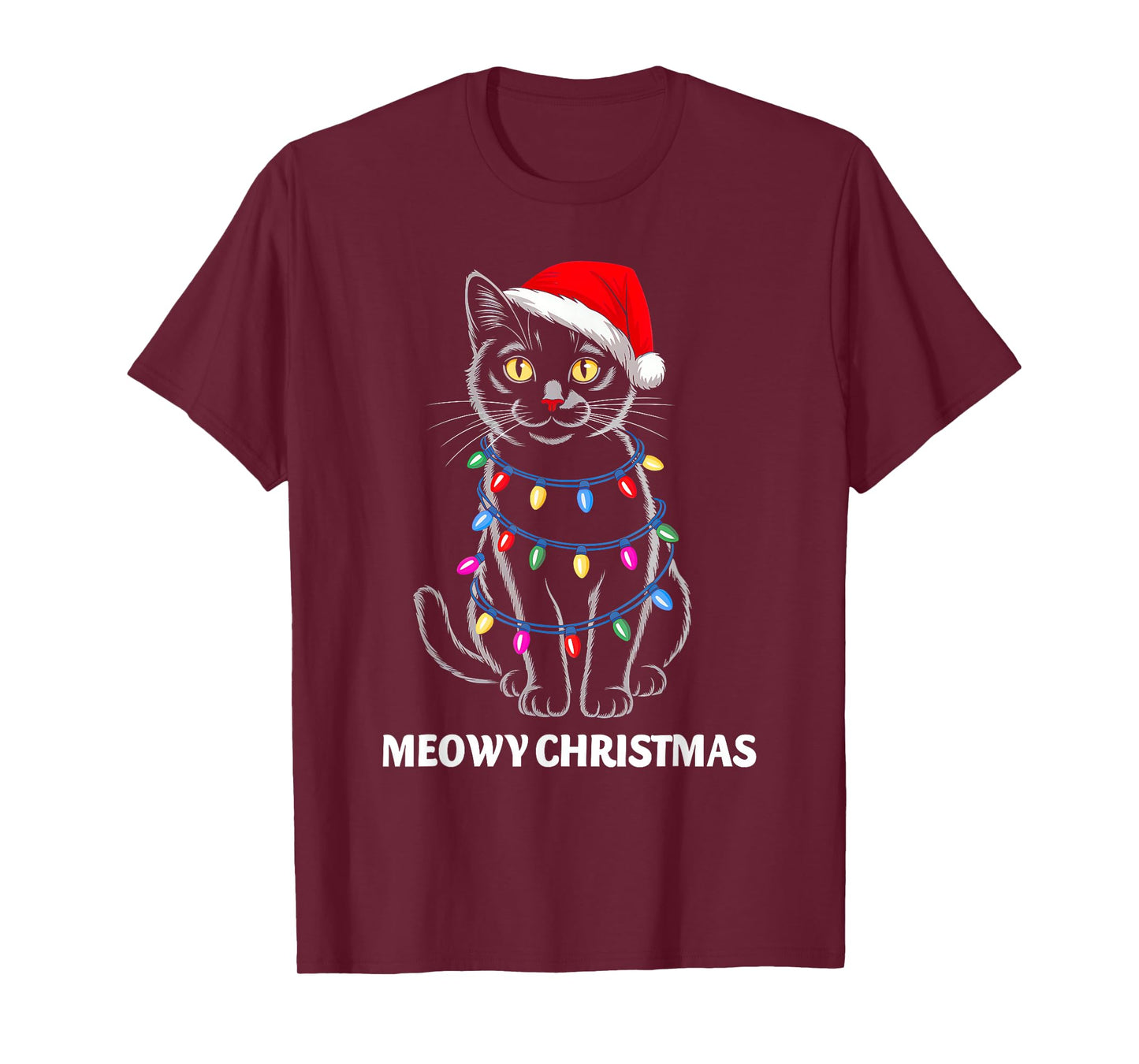 Meowy Christmas Lights Black Cat Santa Xmas Family Men Women T-Shirt