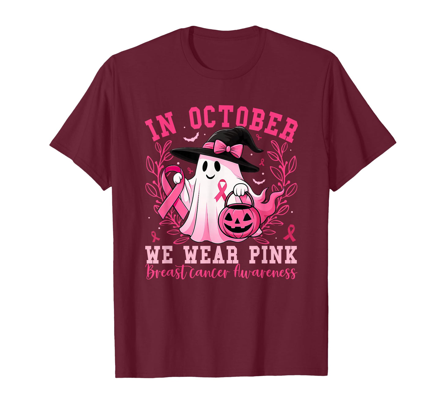in October We Wear Pink Ghost Witch Breast Cancer Awareness T-Shirt