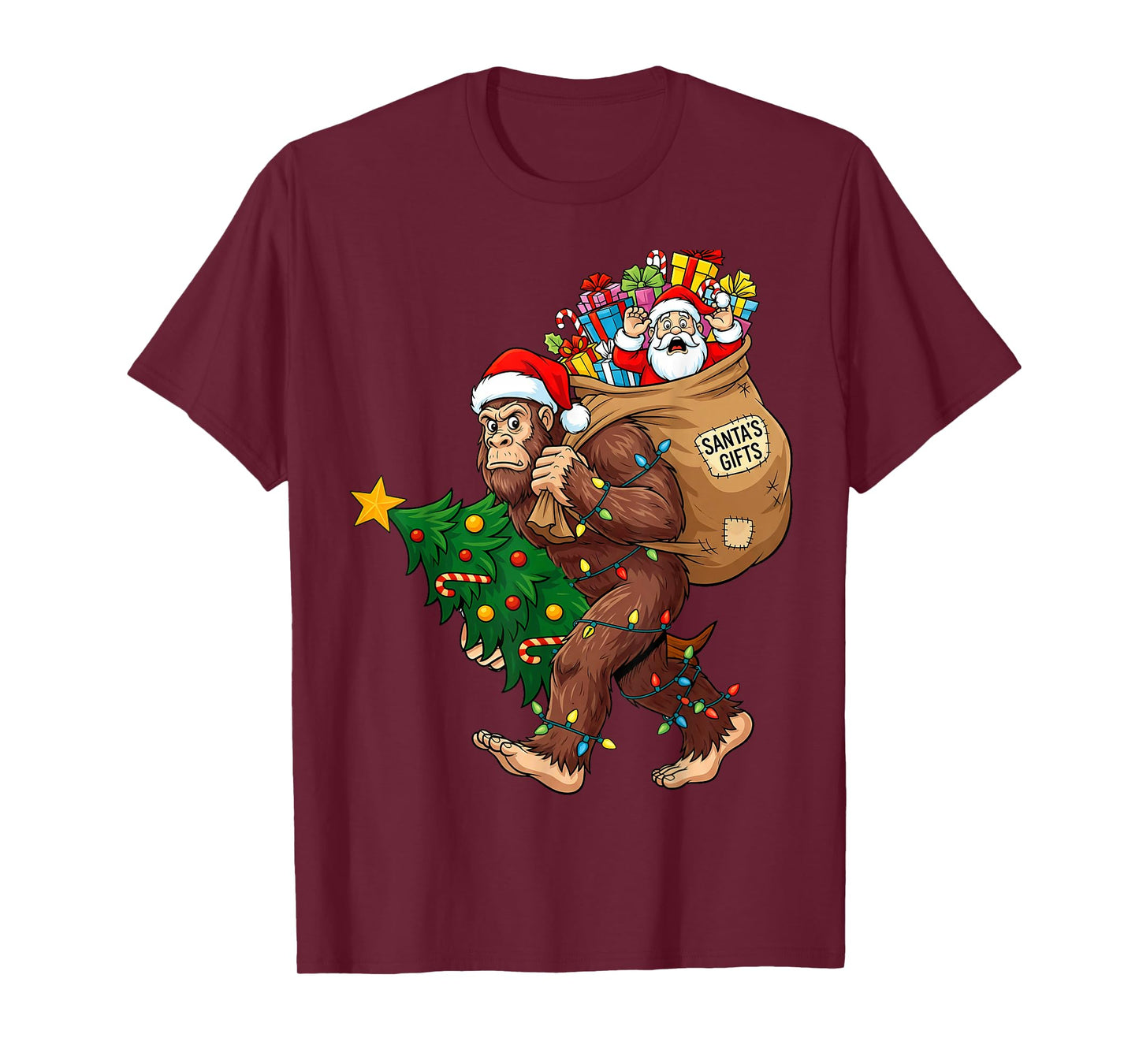 Funny Bigfoot Steals Santa & Xmas Tree - Christmas Sasquatch T-Shirt