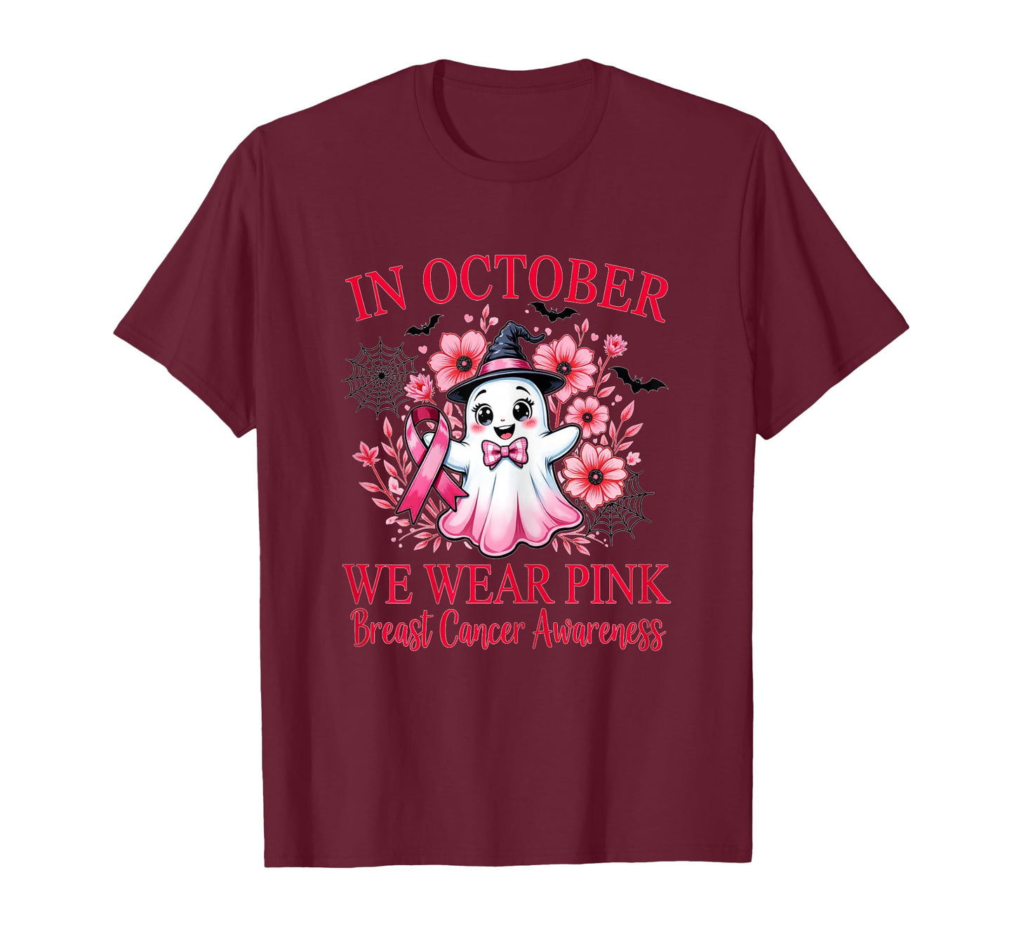 Pink Ribbon Breast Cancer Awareness Cute Ghost and Witch Hat T-Shirt