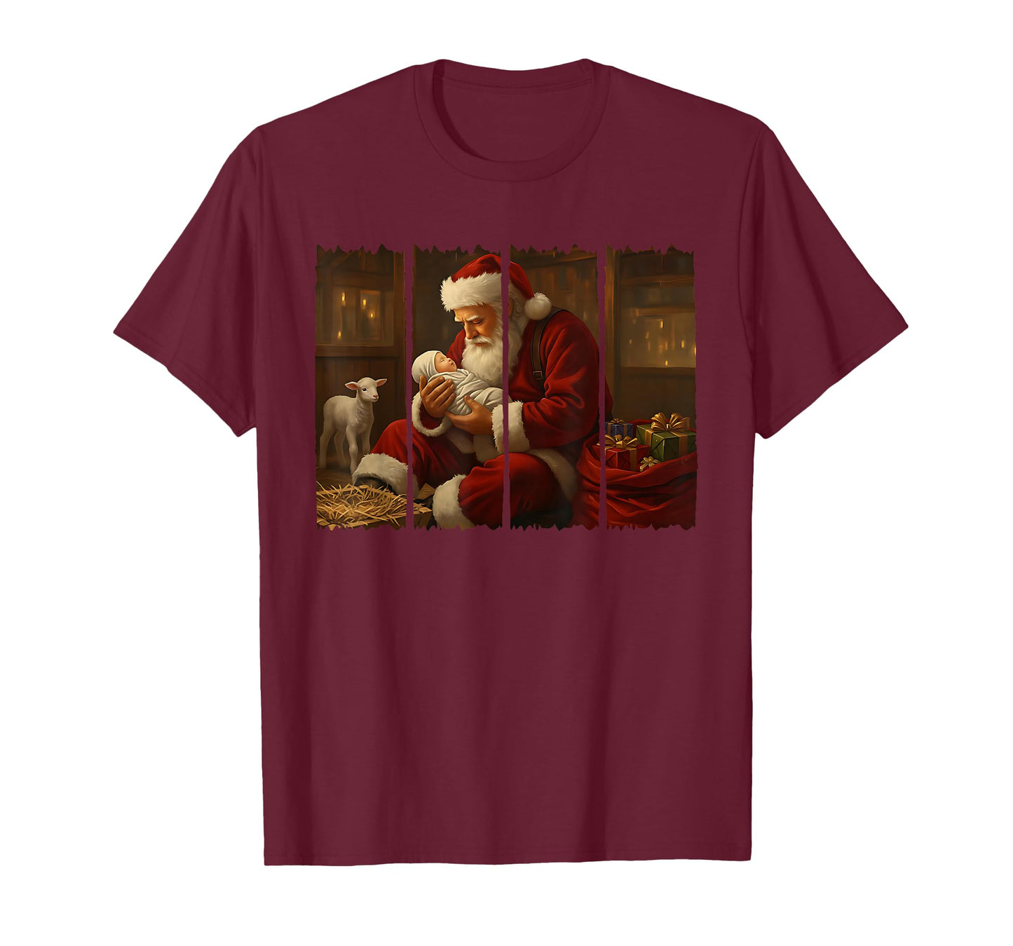 Santa Praying Over Baby Jesus Popular Brushstroke Christmas T-Shirt