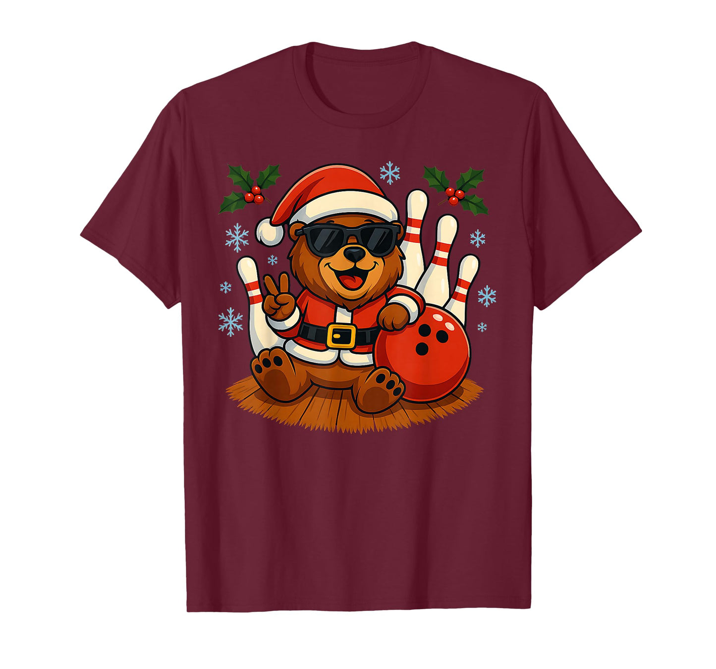 Santa Bear Bowling Christmas Funny Holiday Vibes Men Women T-Shirt
