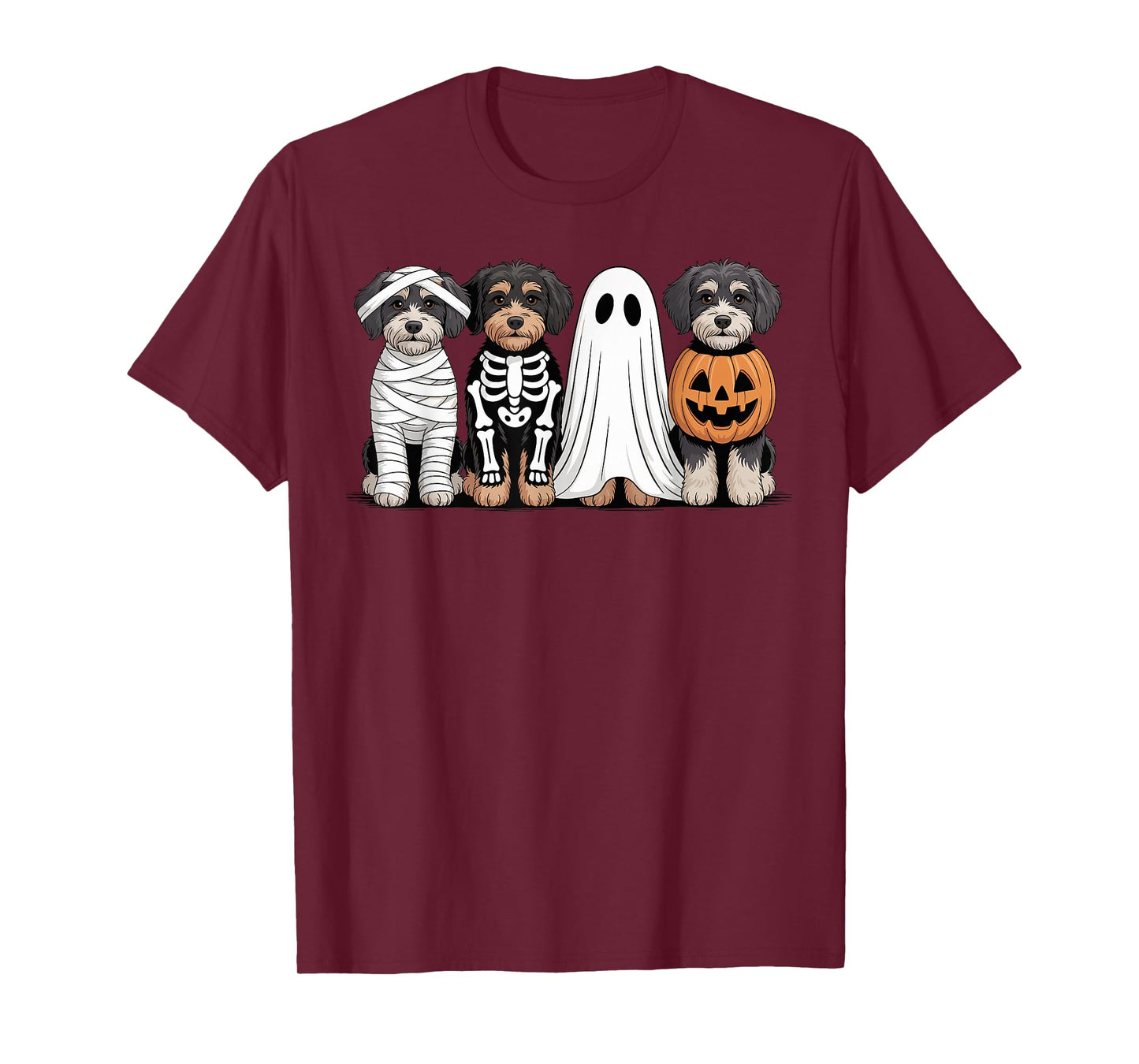 Spooky Ghost Aussiedoodle Pumpkin Halloween Dog Skeleton T-Shirt