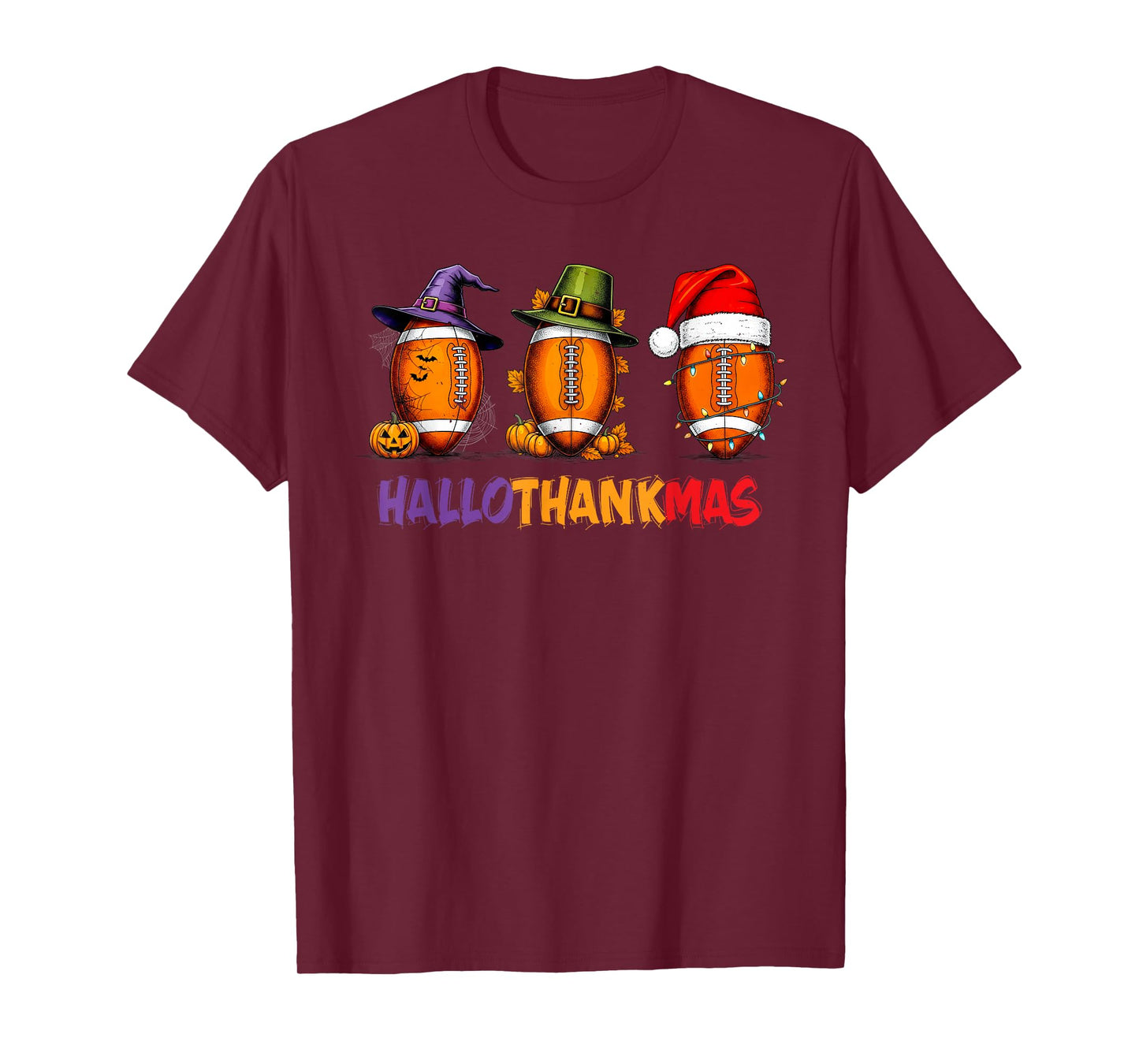 Funny HalloThankMas Football Halloween Thanksgiving Xmas T-Shirt