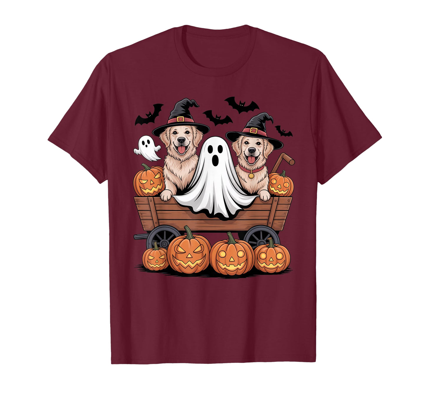 Golden Retriever Halloween Wagon Witch Hats Bats Pumpkins T-Shirt
