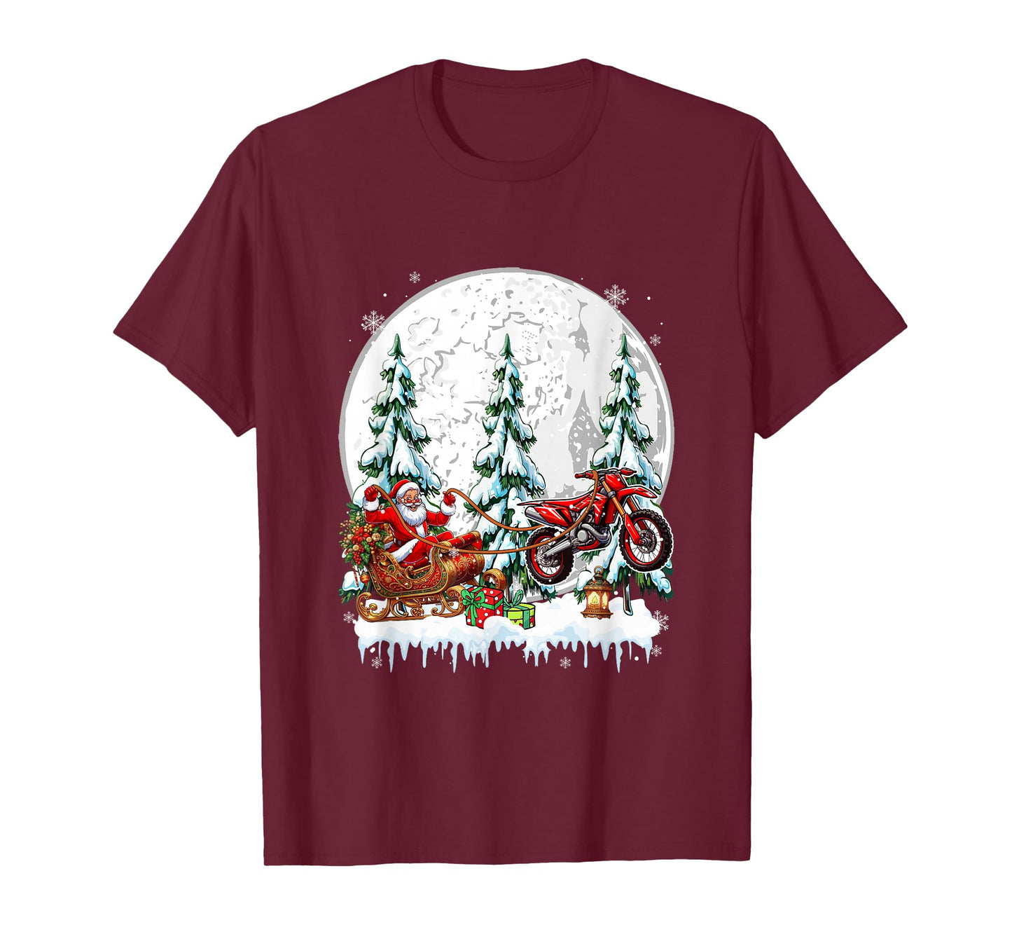 Santa Sleigh Reindeer Dirt Bike Xmas Trees Matching Biker T-Shirt