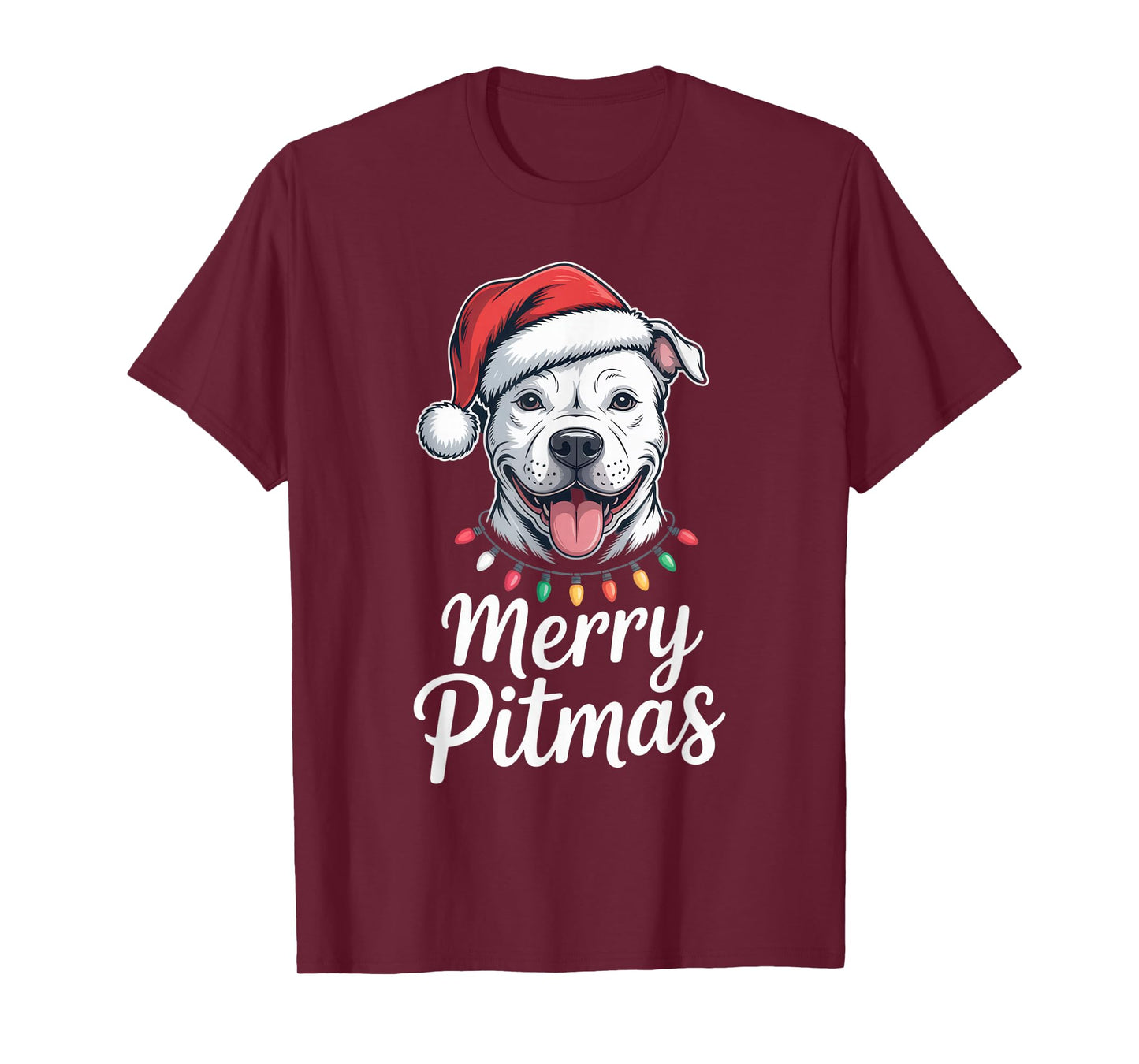 Merry Pitmas Pitbull Dog Christmas Lights Santa Hat Shirt T-Shirt