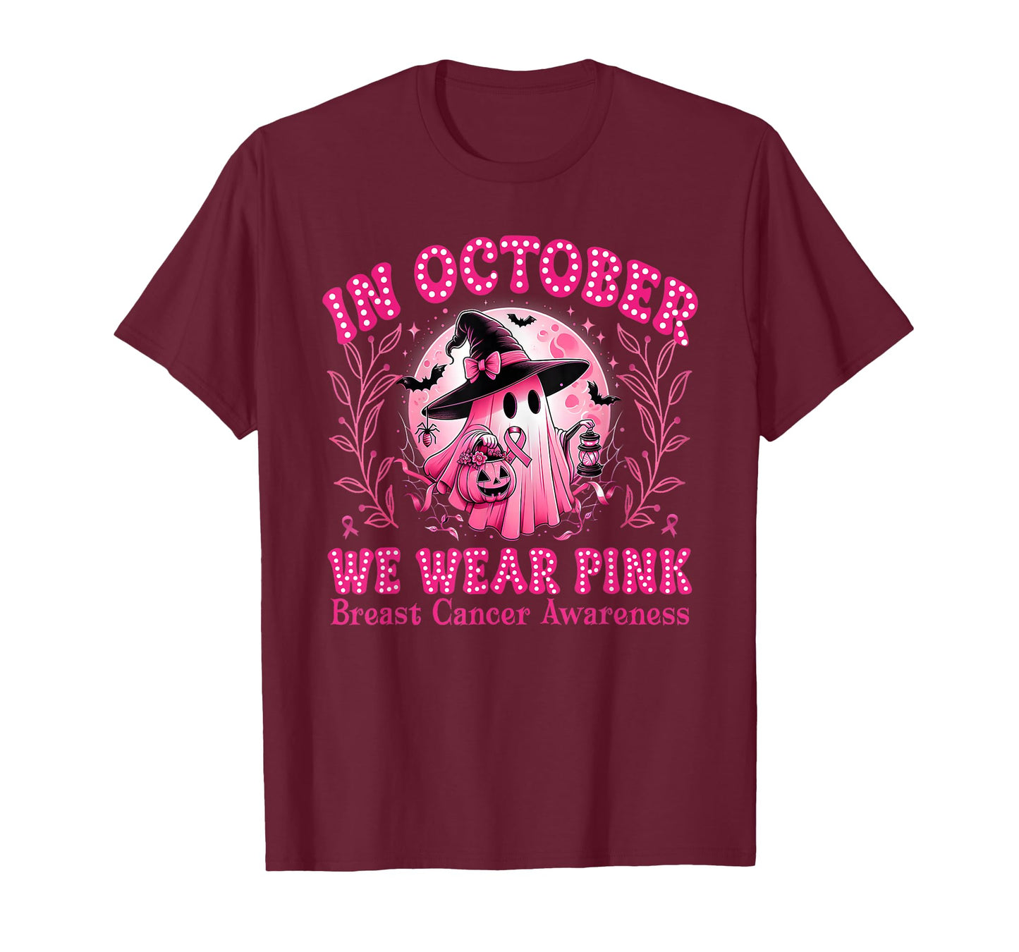 in October We Wear Pink Ghost Witch Breast Cancer Awareness T-Shirt