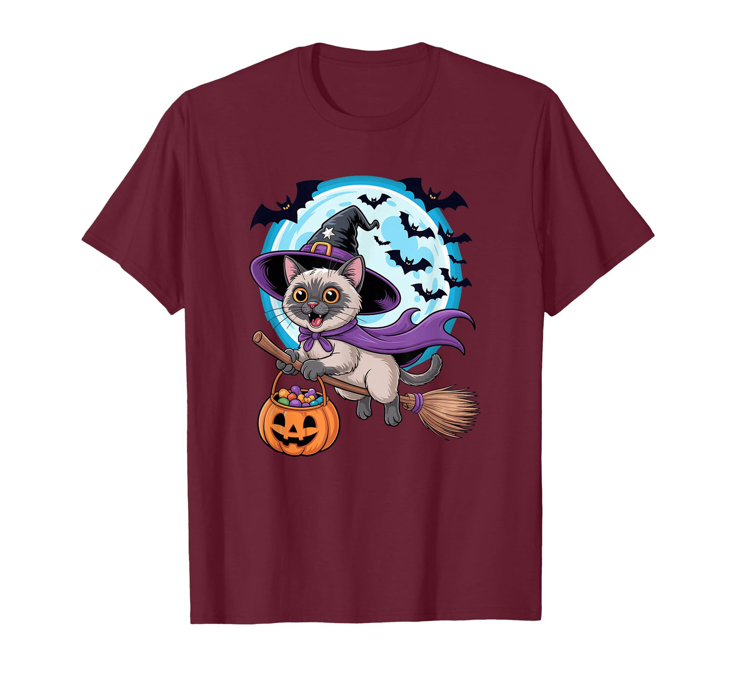 Halloween Witch Siamese Cat Moon Meezer T-Shirt