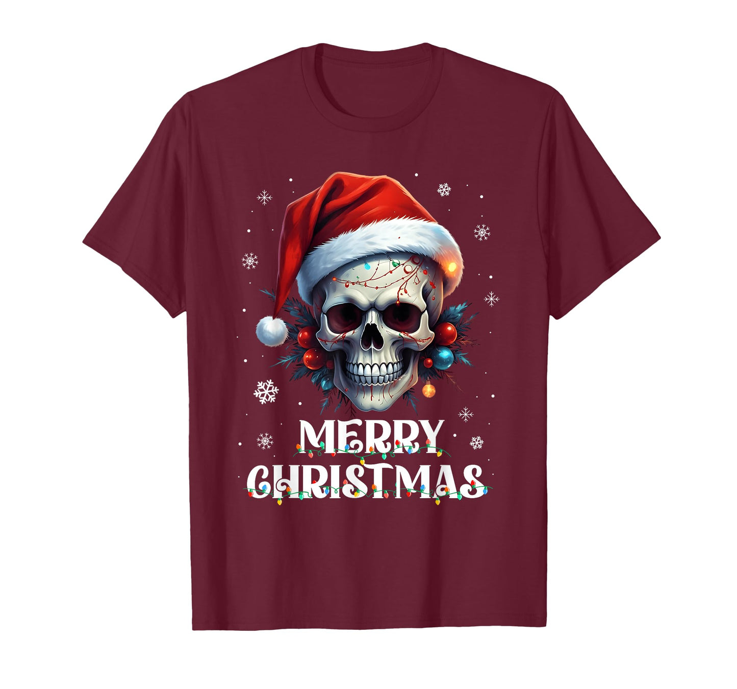 Merry Christmas Lights Red Santa Hat Skull Family Men Women T-Shirt