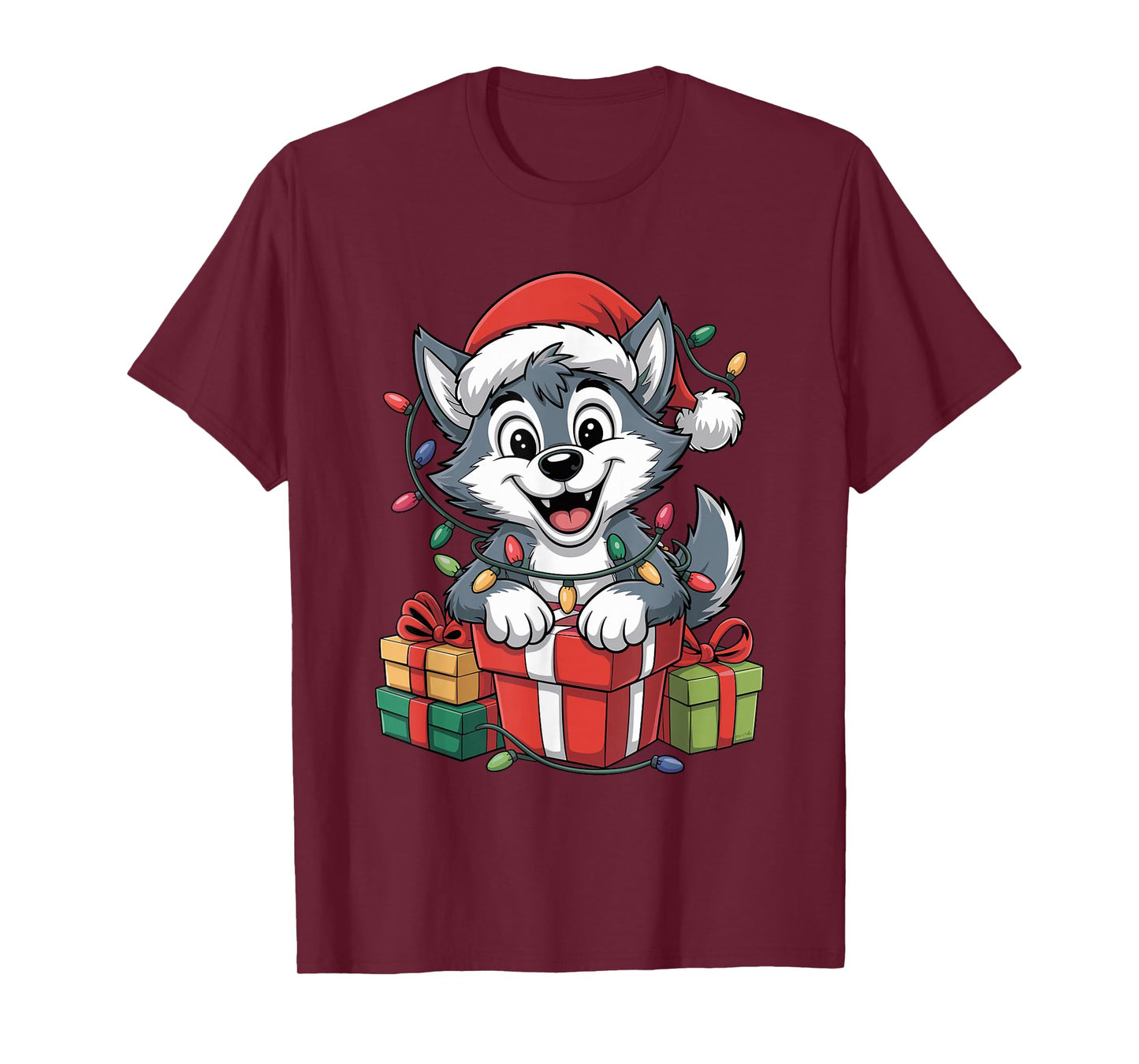 Wolf Santa Hat Christmas Design Funny Wild Animal Lovers T-Shirt