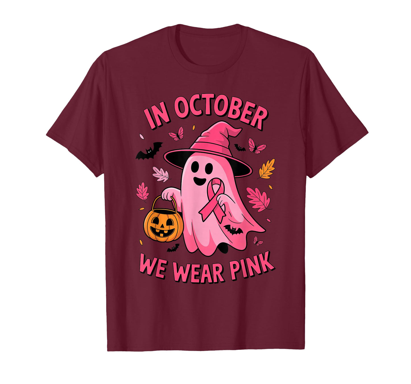 in October We Wear Pink Ribbon Ghost Halloween Breast Cancer T-Shirt