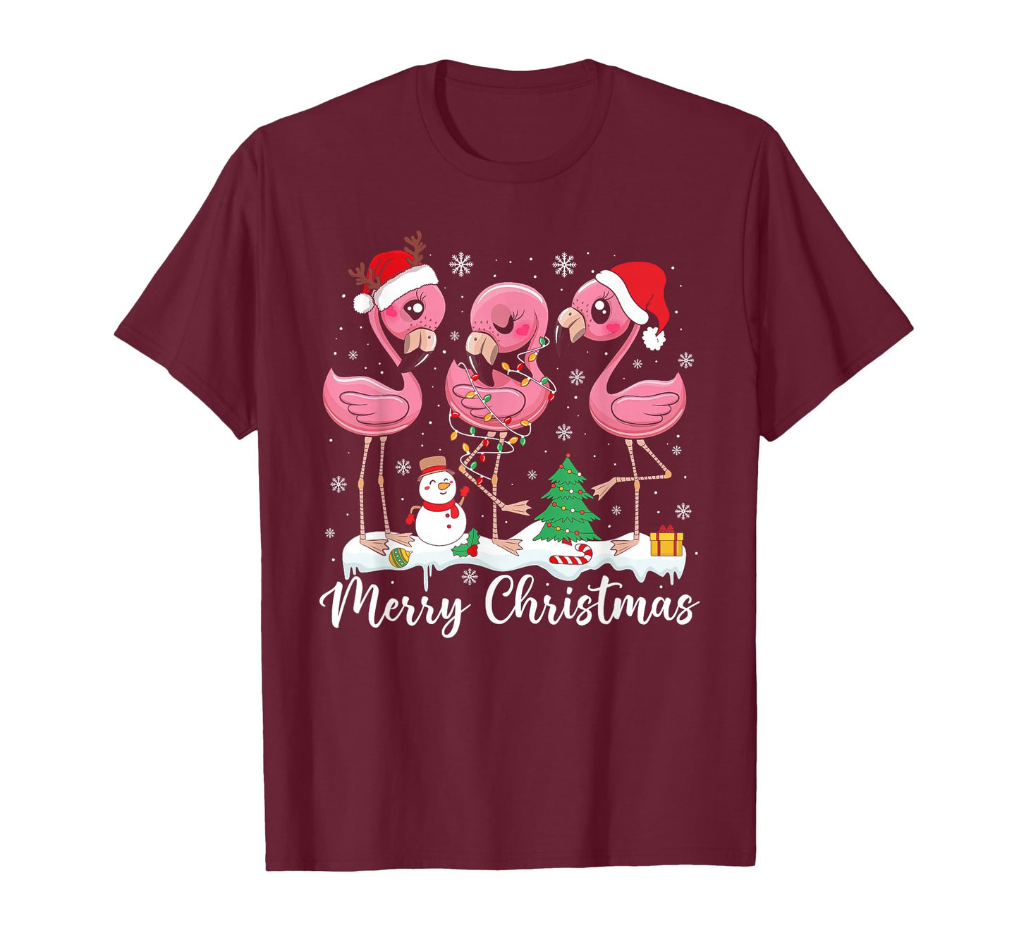 Merry Christmas Lights Red Santa Hat Family Xmas Flamingo T-Shirt