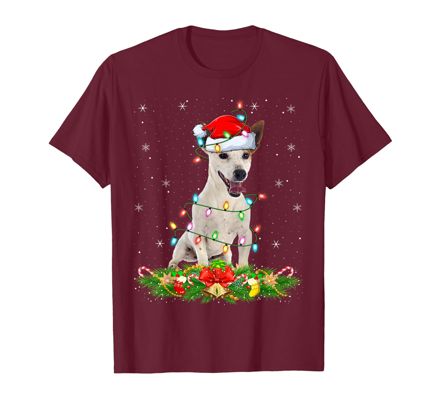 Rat Terrier Dog Christmas Lights Funny Santa Hat Xmas T-Shirt