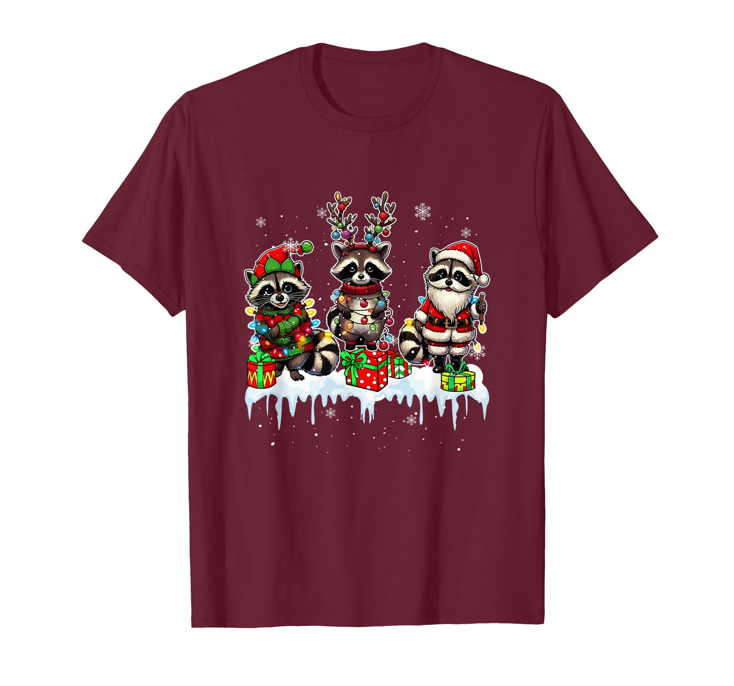 Three Santa Reindeer Elf Raccoons Christmas Colorful Lights T-Shirt