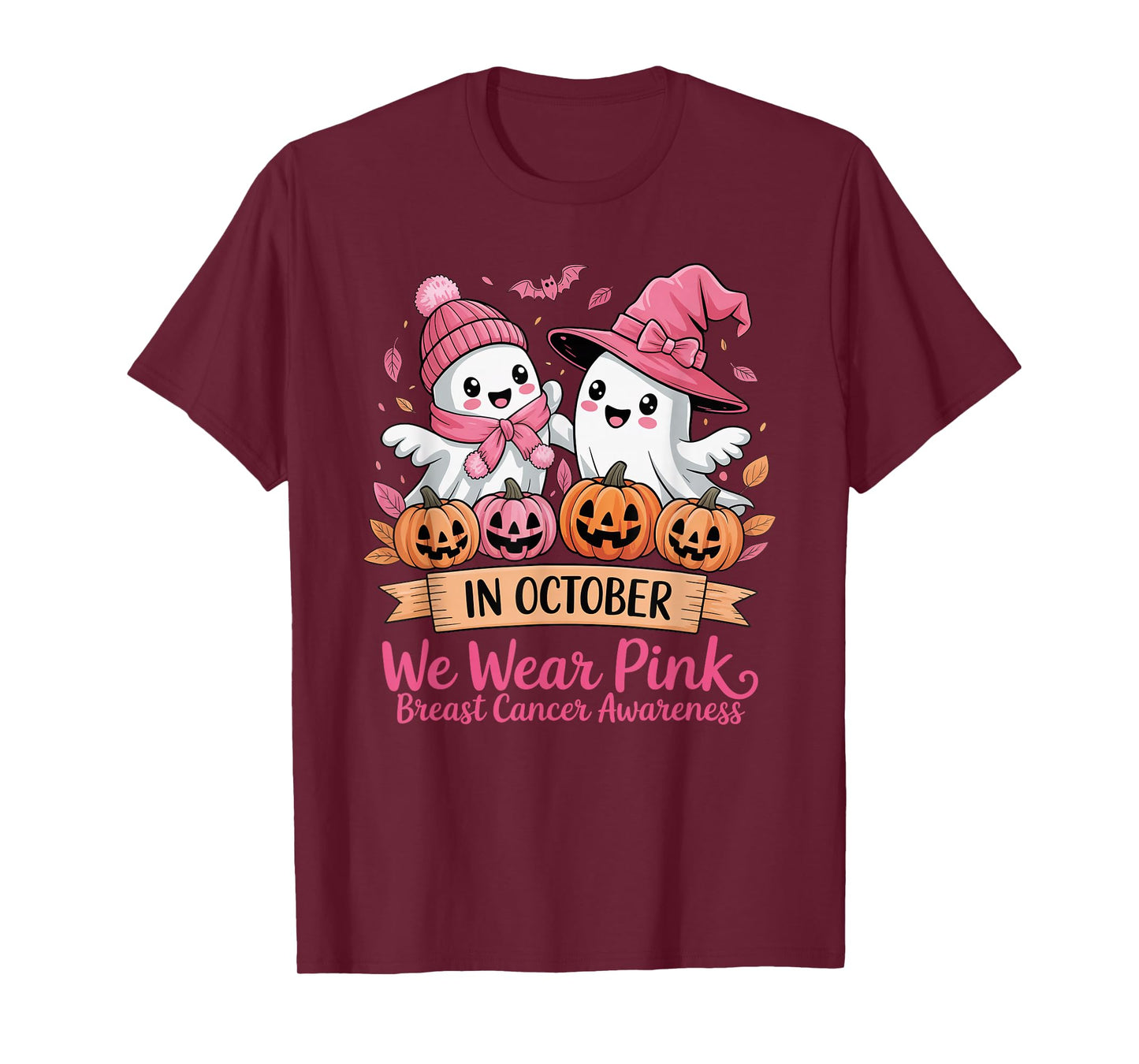 in October We Wear Pink Ghost Witch Breast Cancer Awareness T-Shirt