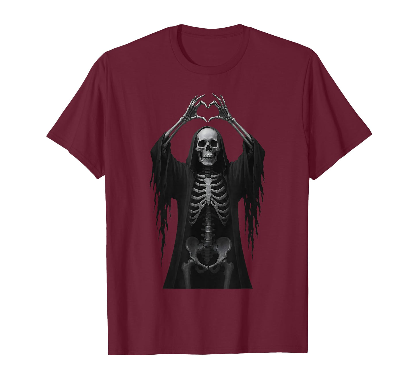 Skeleton Hands Heart Sign Scary Face Funny Halloween Costume T-Shirt