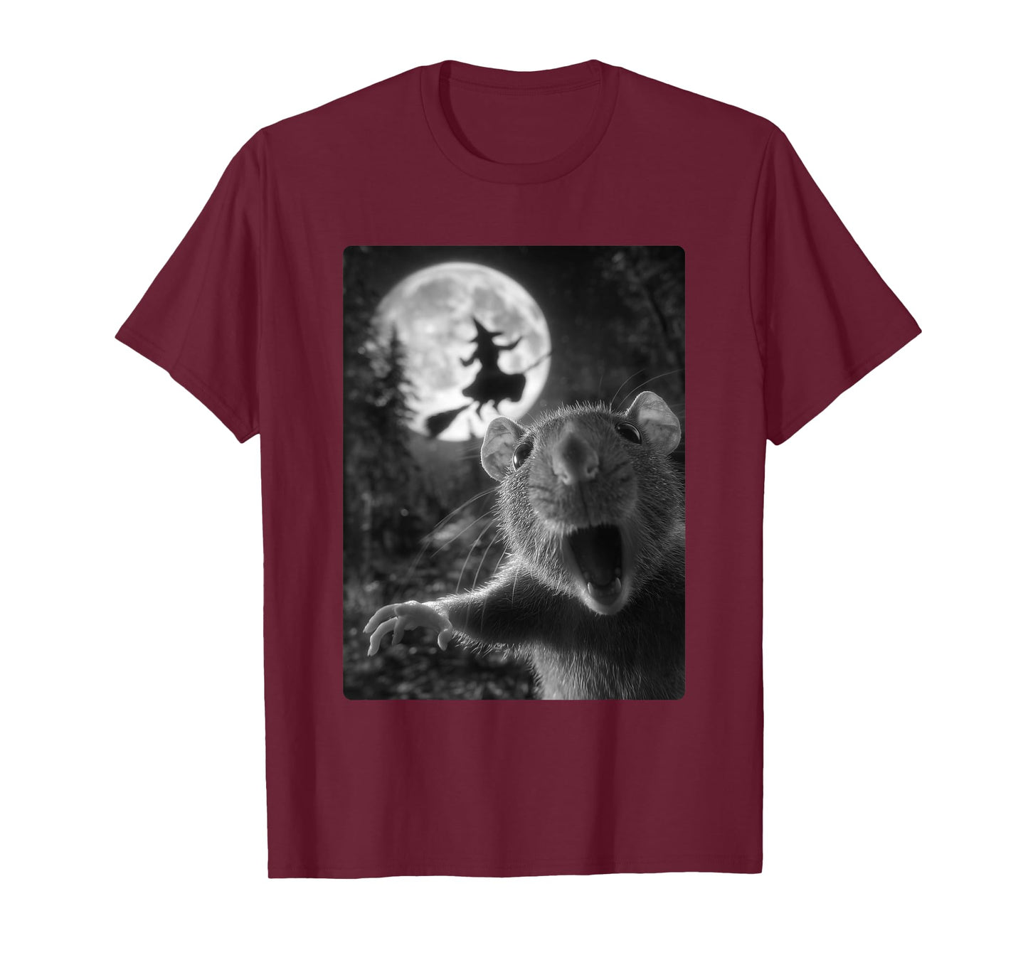Funny Rat Selfie Full Moon Flying Witch Forest Halloween T-Shirt