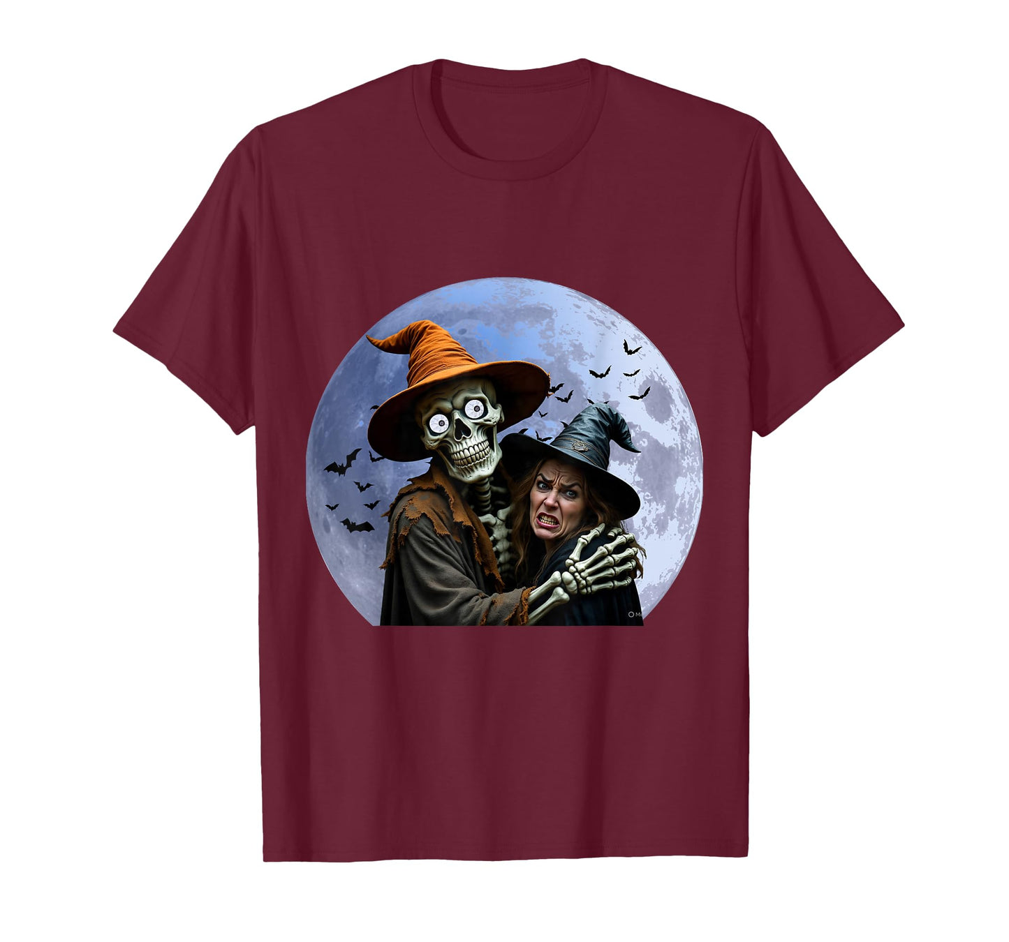 Halloween Skeleton Holding A Witch Under The Full Moon T-Shirt