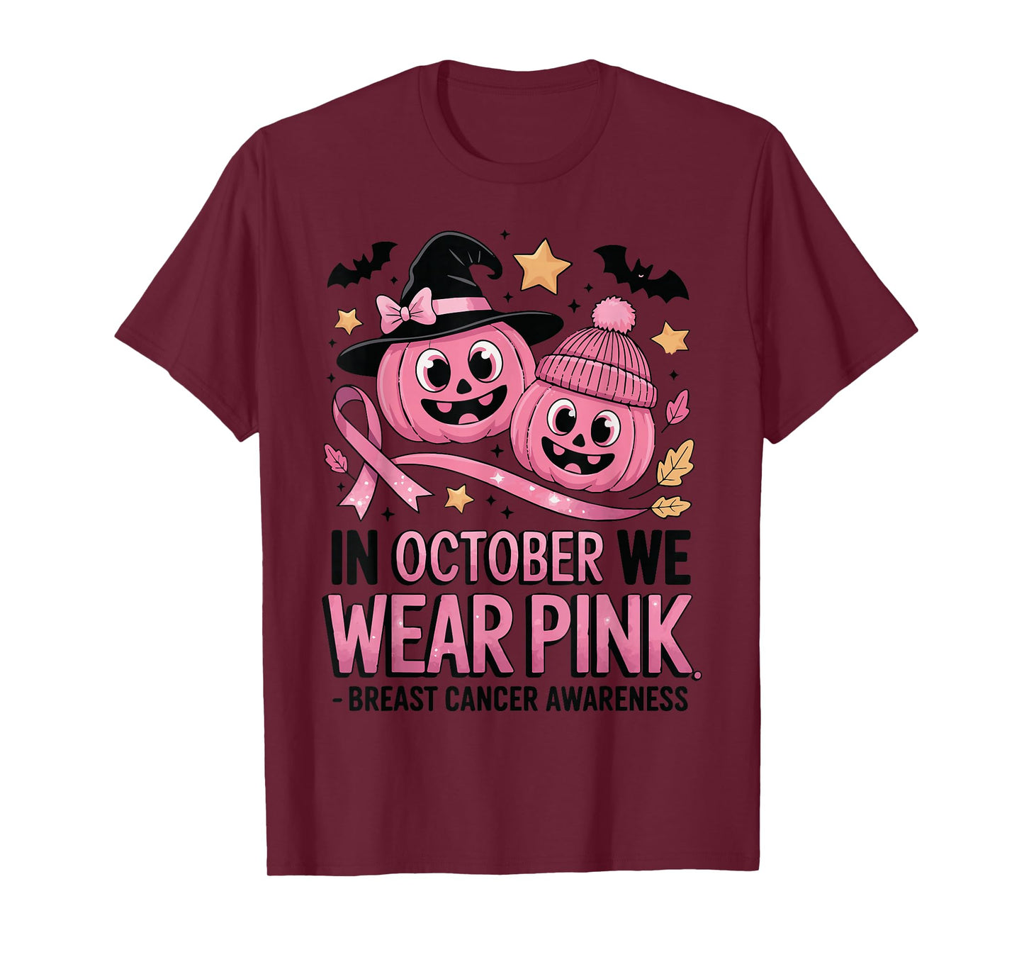 in October We Wear Pink Ghost Witch Breast Cancer Awareness T-Shirt