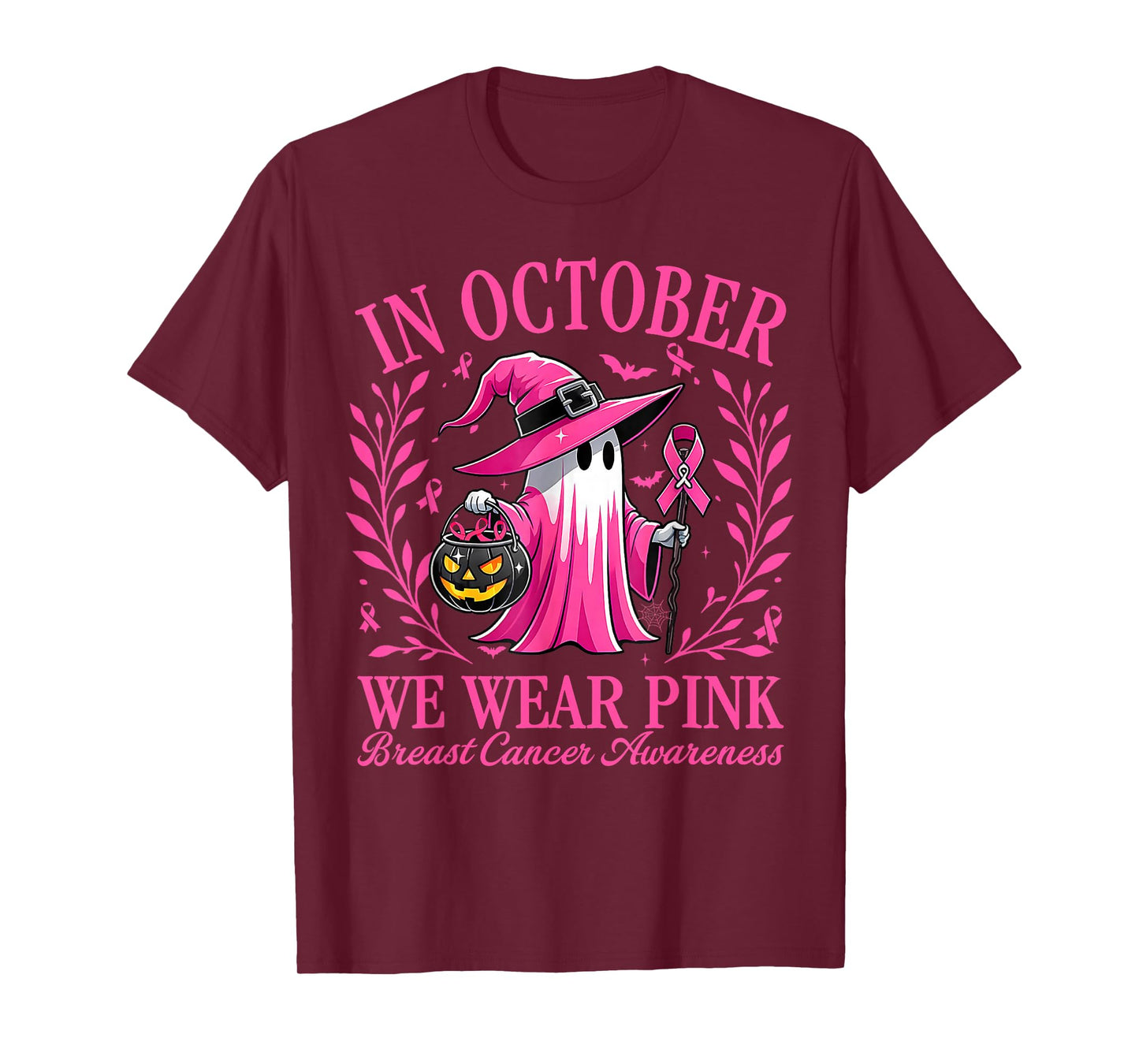 in October We Wear Pink Witch Breast Cancer Women Halloween T-Shirt