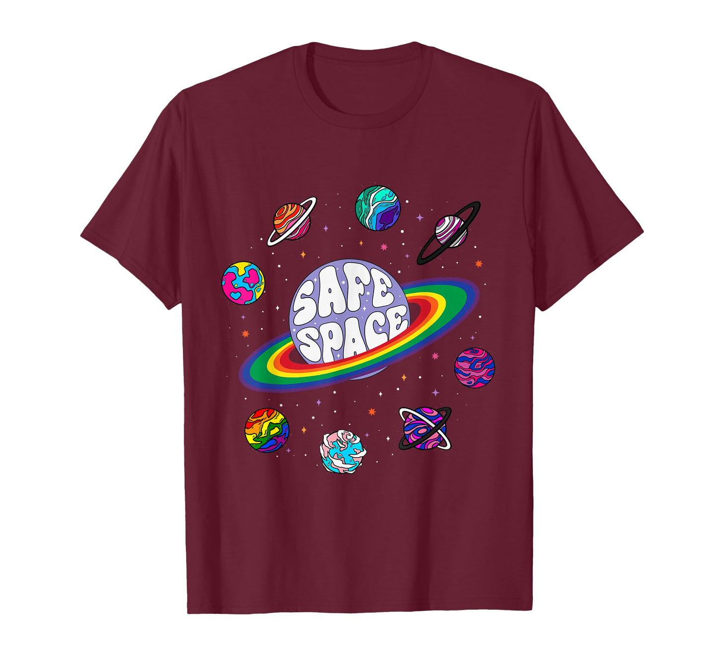 Retro Rainbow Planets Safe Space Cosmic LGBTQ Pride Month T-Shirt