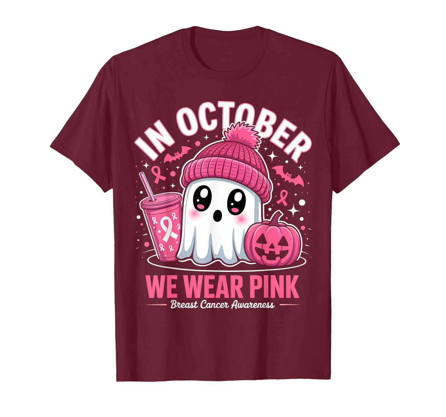 in October We Wear Pink Ghost Witch Breast Cancer Awareness T-Shirt
