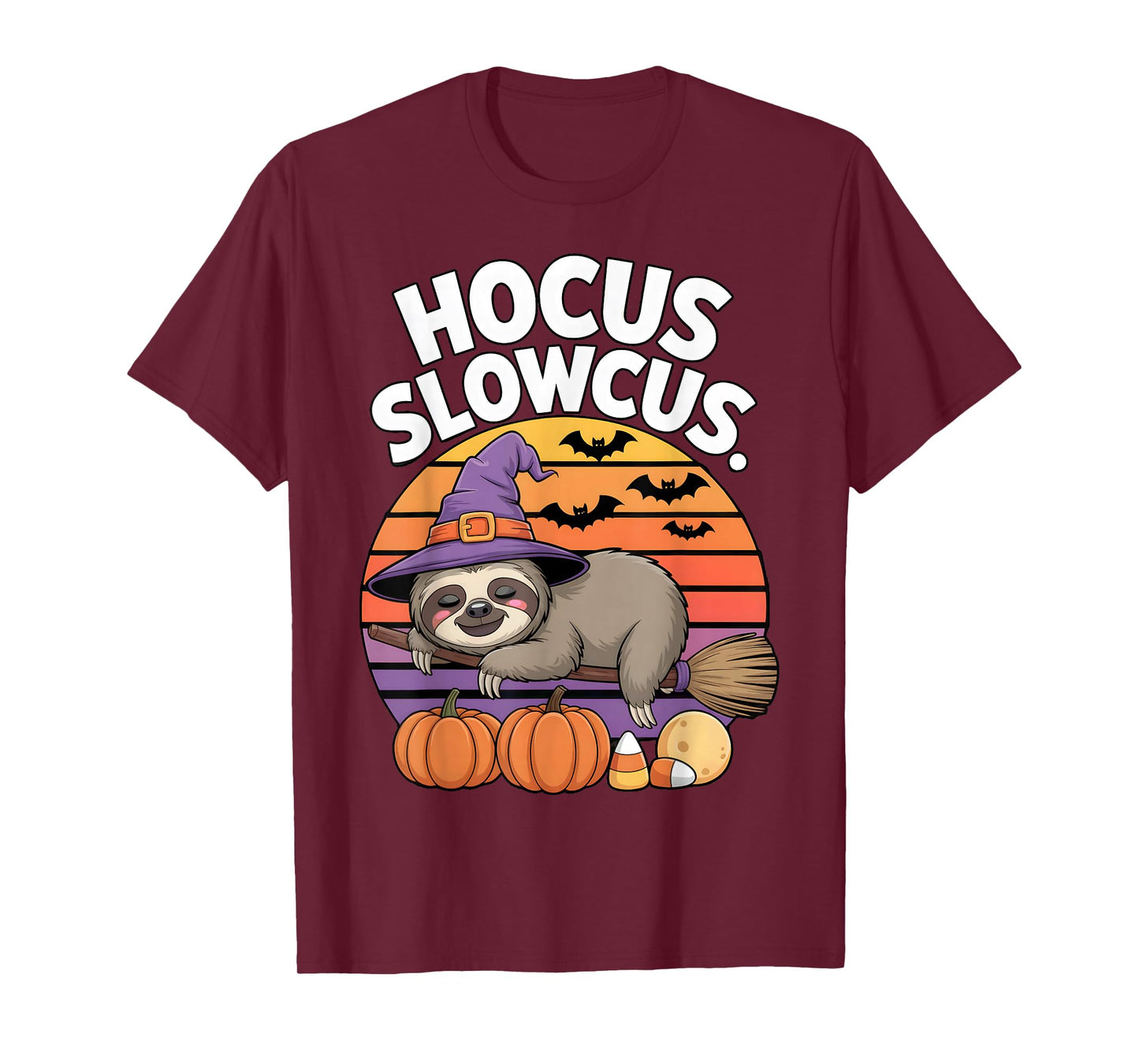 Hocus Slowcus Sloth Witch Hat Broom Pumpkin Bat Halloween T-Shirt