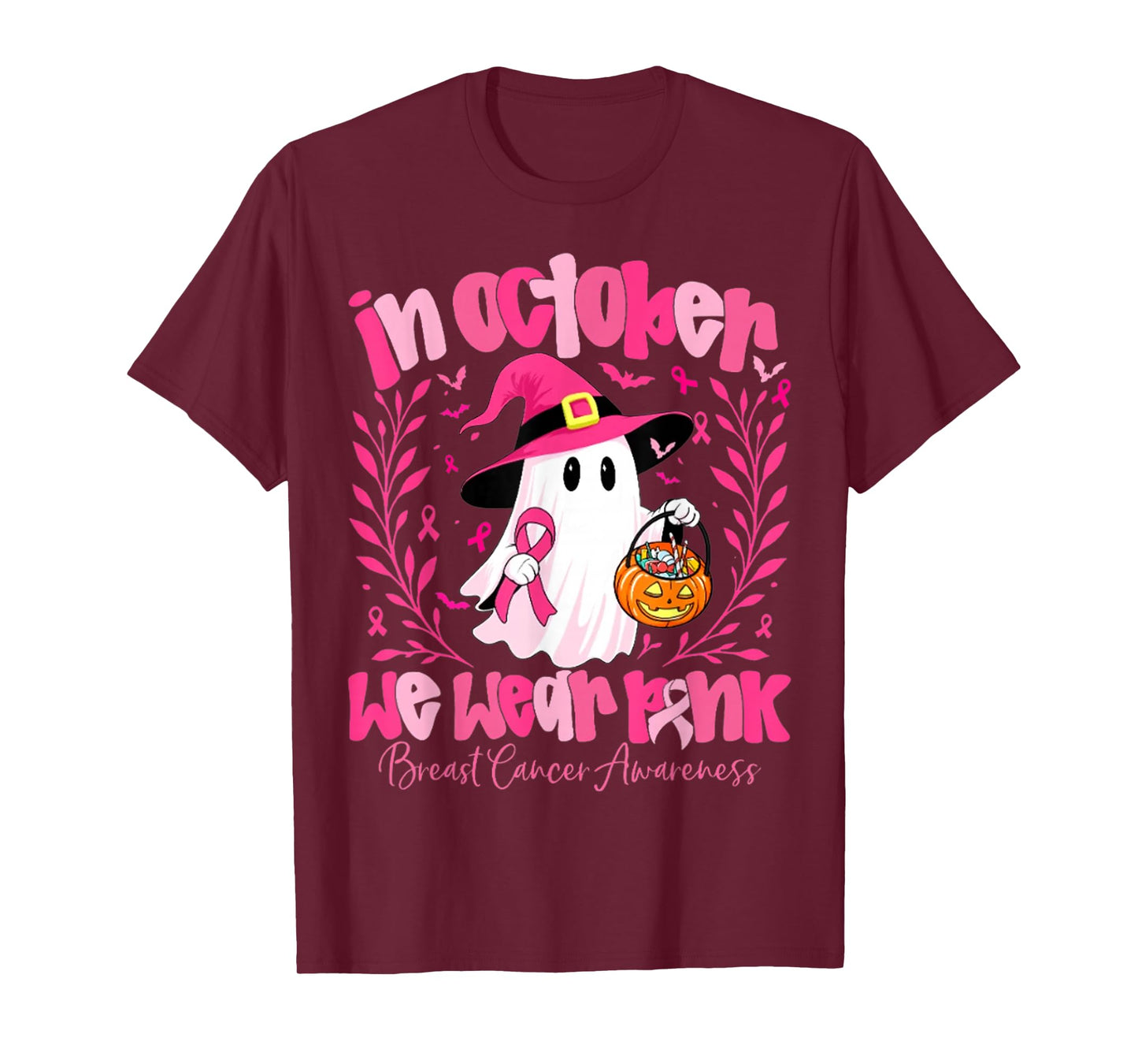 in October We Wear Pink Ghost Witch Breast Cancer Awareness T-Shirt