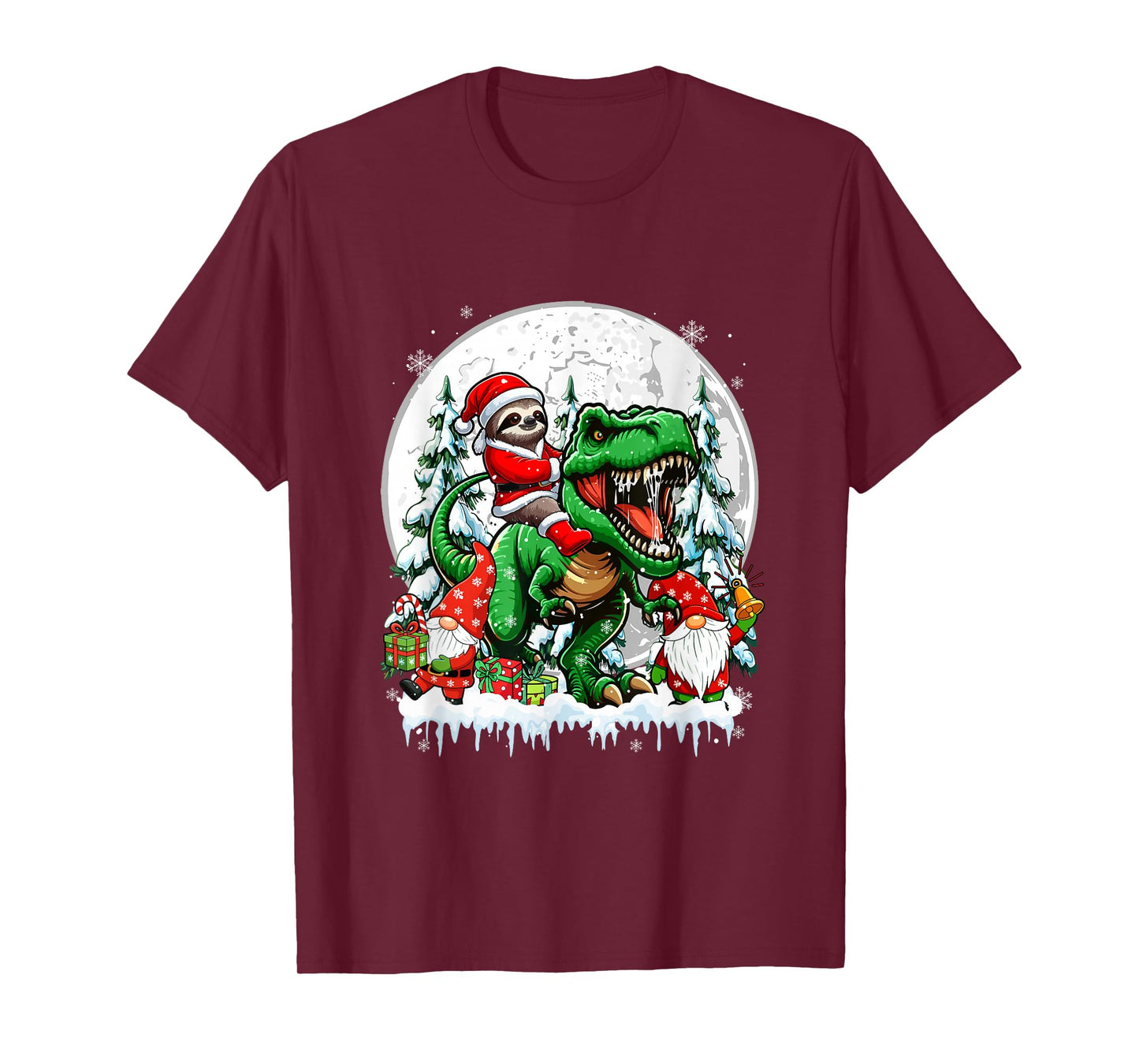 Santa Sloth Riding T-Rex Gnomes Christmas Trees Family Kids T-Shirt